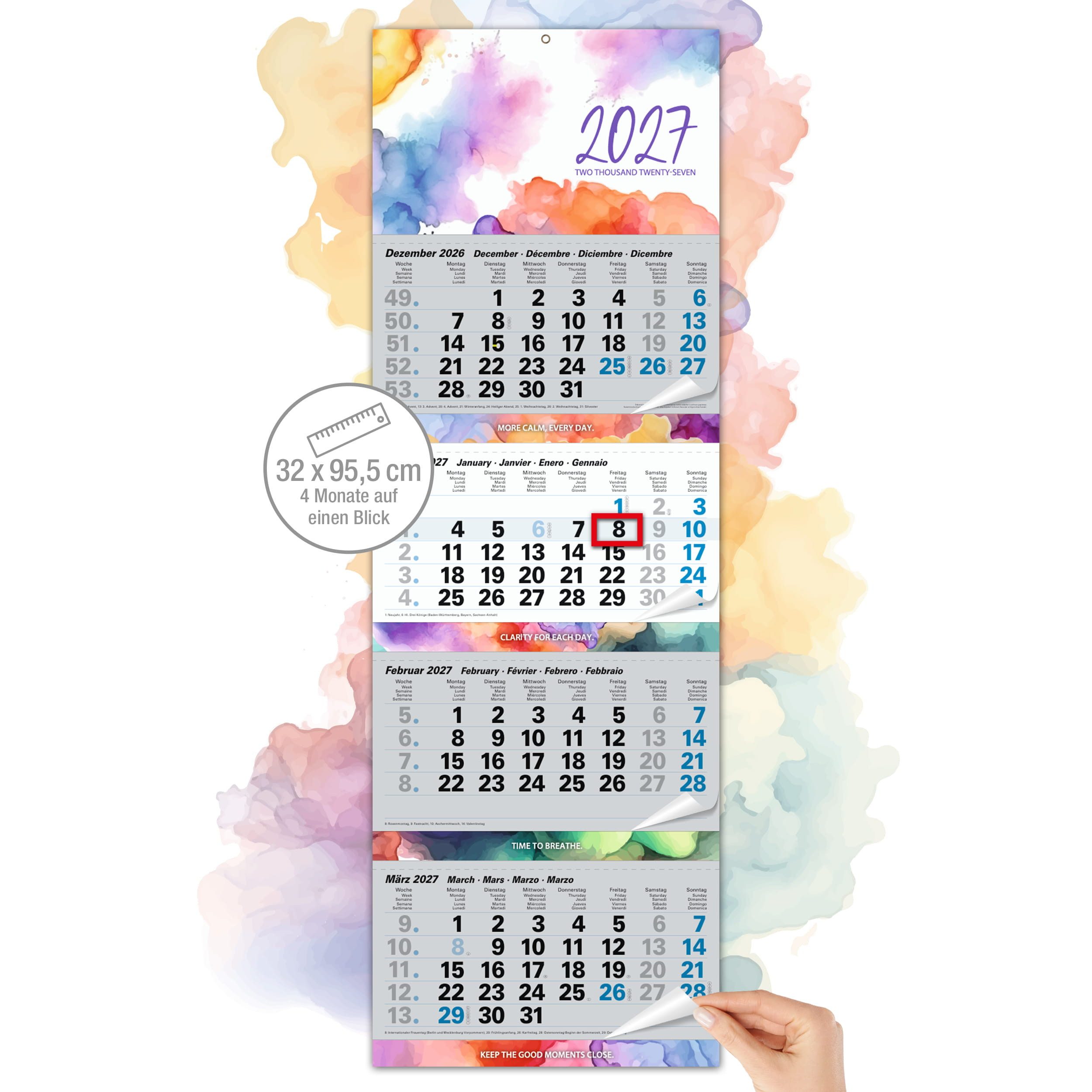 TOBJA Wandkalender 4 Monatskalender 2027 Aquarell Splash Bunt Datumsschieber 32x95,5 FSC, Aquarell-Design bunt, 32x95,5 cm, Datumsschieber, Ferien, Metallöse