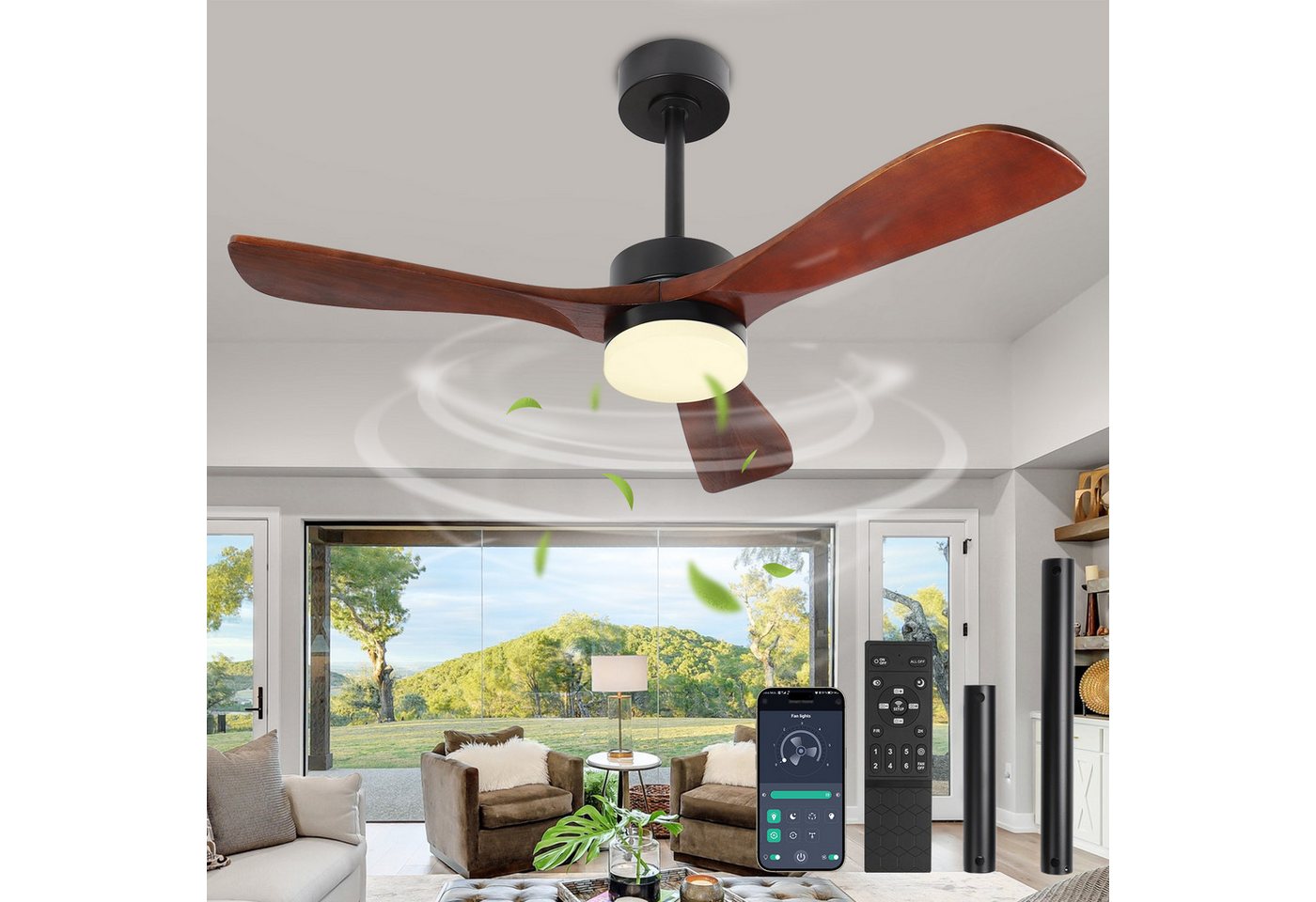 Rosnek Deckenventilator Massivholz mit Licht, App & Fernbedienung,leiser reversibler DC-Motor, 18W LED dimmbar, 6 Stufen, 3 Lichtfarben, für Schlafzimmer, Wohnzimmer