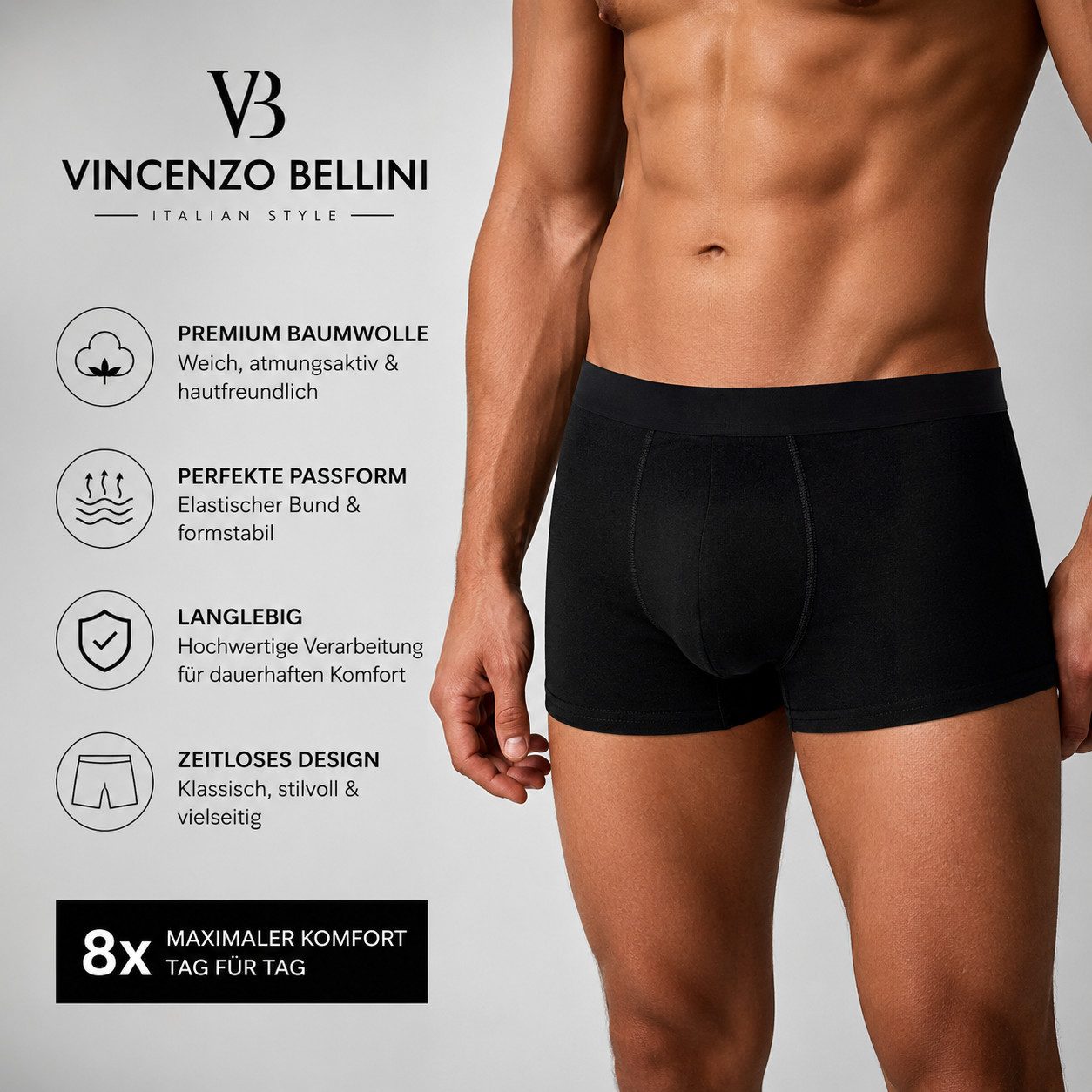 Vincenzo Bellini Boxershorts aus Baumwolle - 3 Farbvarianten - Herren Unterhose (Männer Unterwäsche Spar-Set, 8-St) Doppelt genäht - Ergonomisch & Langlebig - ohne kratzenden Zettel