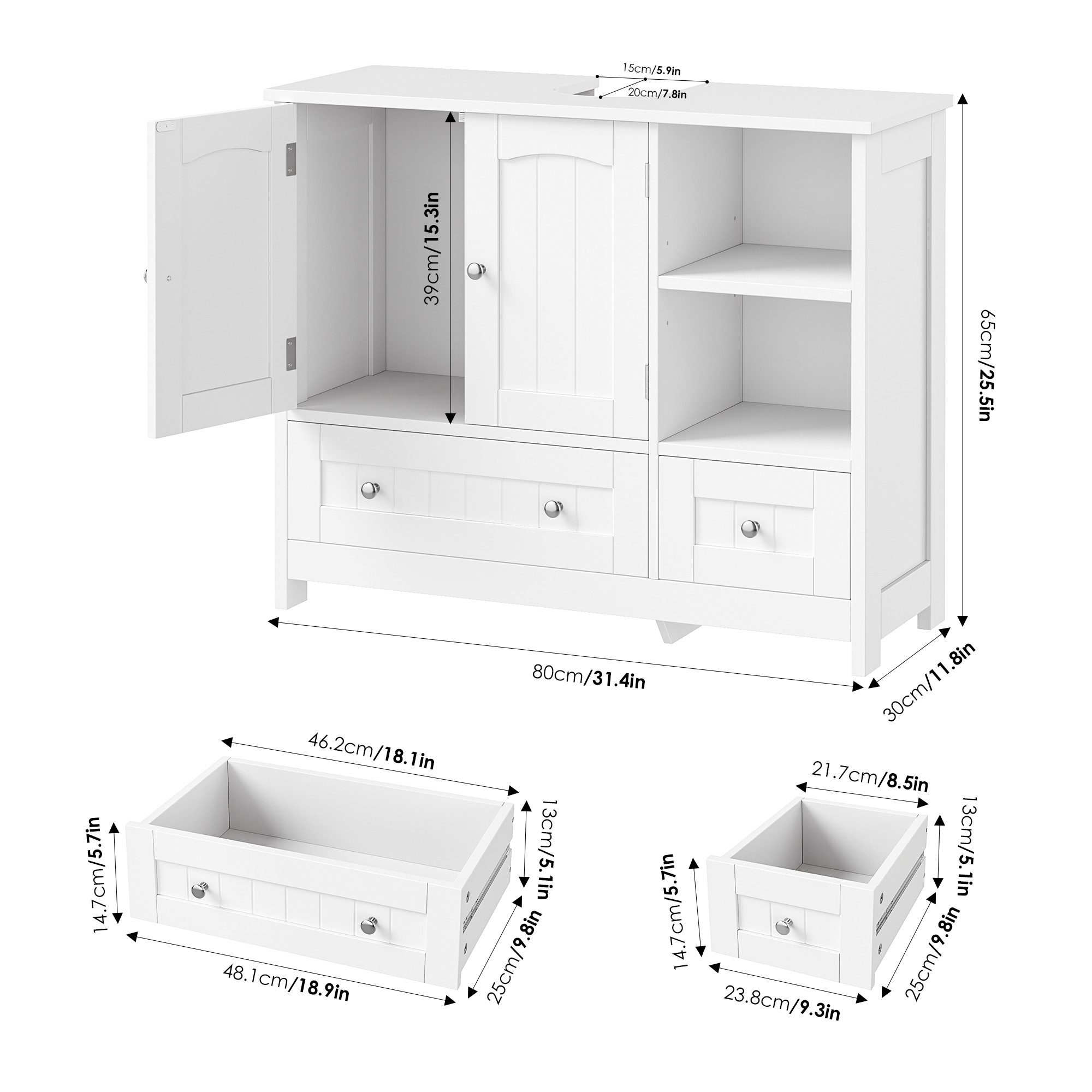 Homfa Waschbeckenunterschrank Unterschrank Badezimmerschrank mit 2 Schubladen und 2 Türen, Breite 80 cm, freistehend