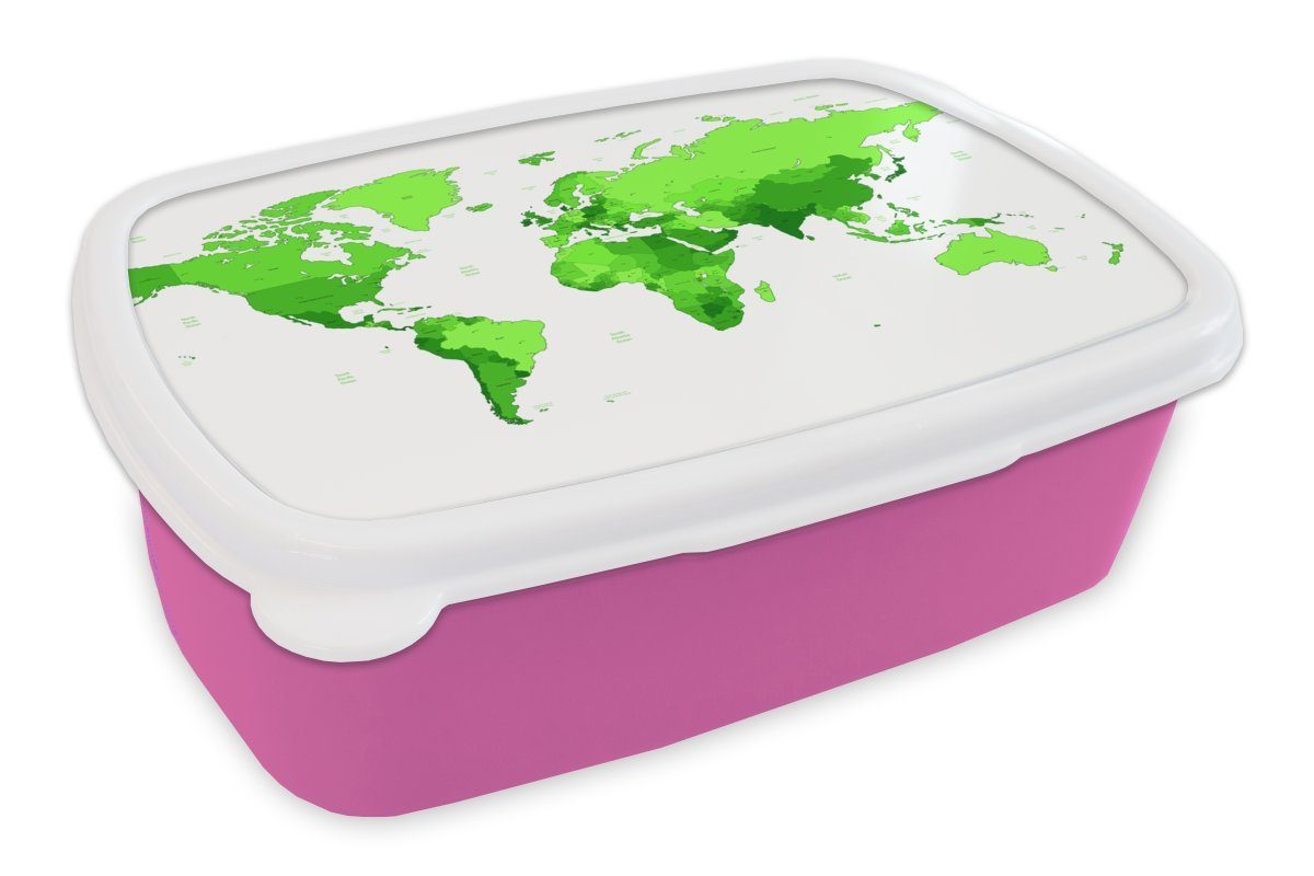 MuchoWow Lunchbox Weltkarte - Trendy - Grün, Kunststoff, (2-tlg), Brotbox für Erwachsene, Brotdose Kinder, Snackbox, Mädchen, Kunststoff rosa