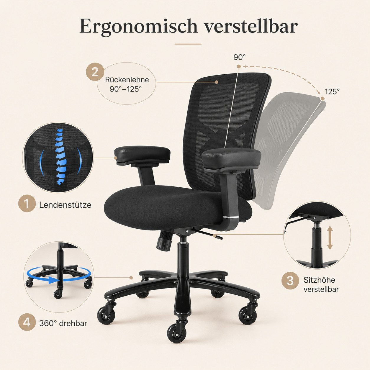 Leawin Bürostuhl Bürostuhl ergonomisch 200kg Belastbarkeit Schwerlaststuhl, XXL Bürostuhl ergonomisch, stabil & verstellbar für Büro