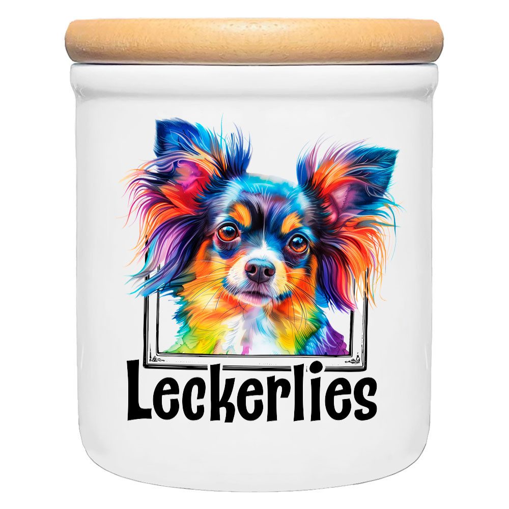 Cadouri Vorratsdose PAPILLON - Leckerlidose Hund - für Hundekekse, Keramik, (Leckerlidose mit Hunderasse, 2-tlg., 1x Keramikdose mit Holzdeckel), Hundekeksdose, handgefertigt in Deutschland, für Hundebesitzer, 400 ml