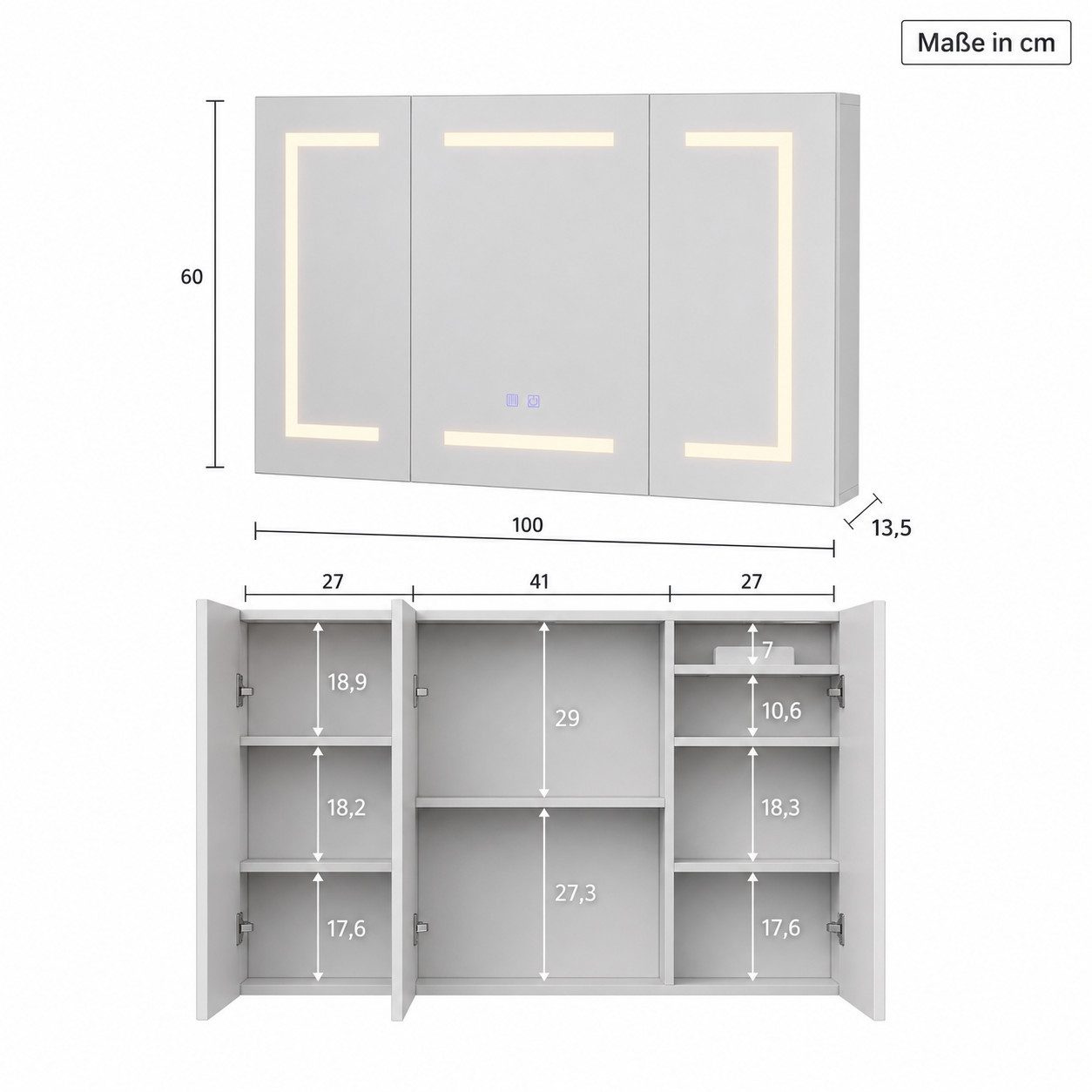 Simurq Badezimmerspiegelschrank Spiegelschrank Bad 100 cm Mit LED, Steckdose, Verstellbaren Regalen (Set) Spiegelschrank Bad Breite 100 cm, 3 Spiegeltüren, Anti-Beschlag