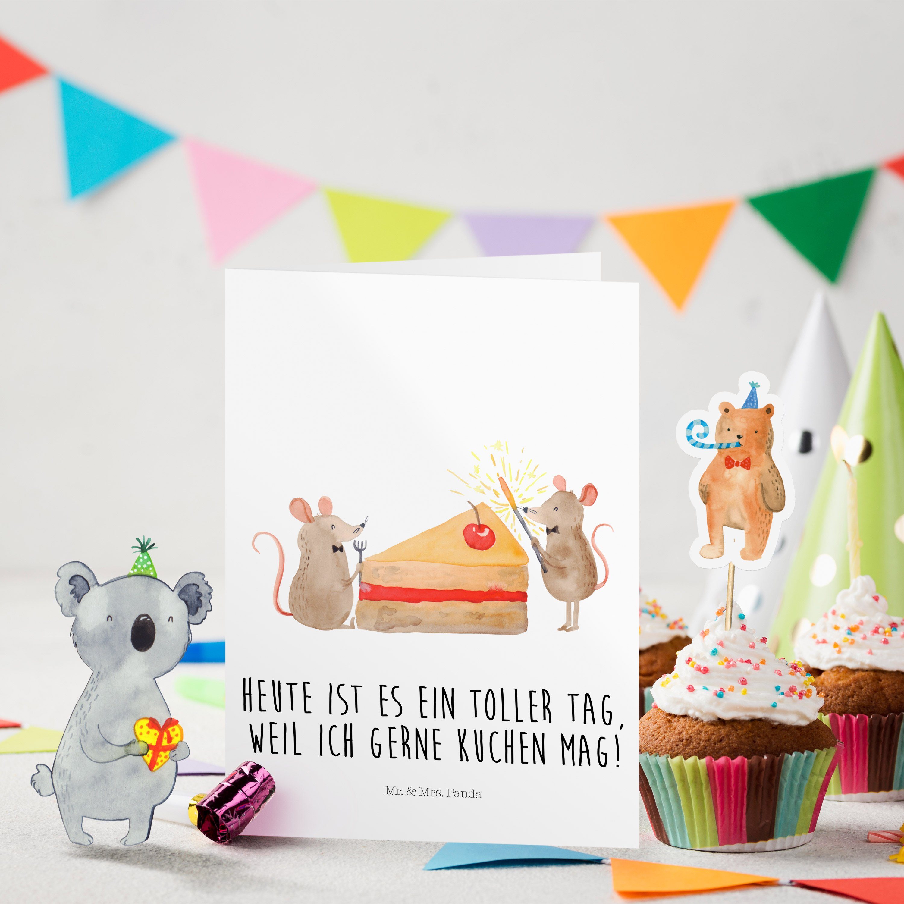 Mr. & Mrs. Panda Geburtstagskarten Mäuse Kuchen - Weiß - Geschenk, Glück, hungrig, Kuchenstück, Geburtst