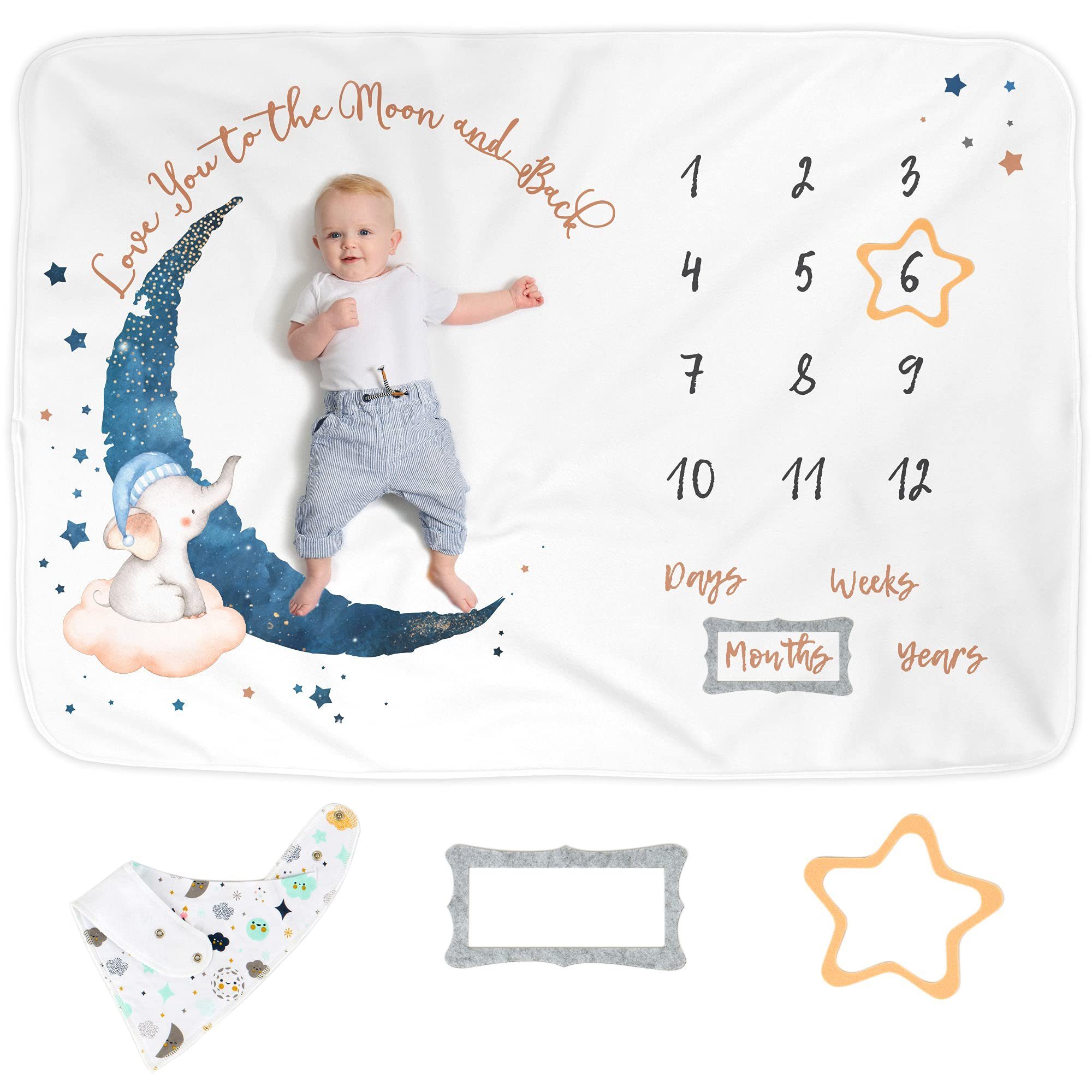 Kinderdecke Sanfte Baby Meilenstein Decke - Elefant Mond Thema, Luka & Lilly, Ultrasoft Baby Meilenstein Decke - Elefant Mond Motto