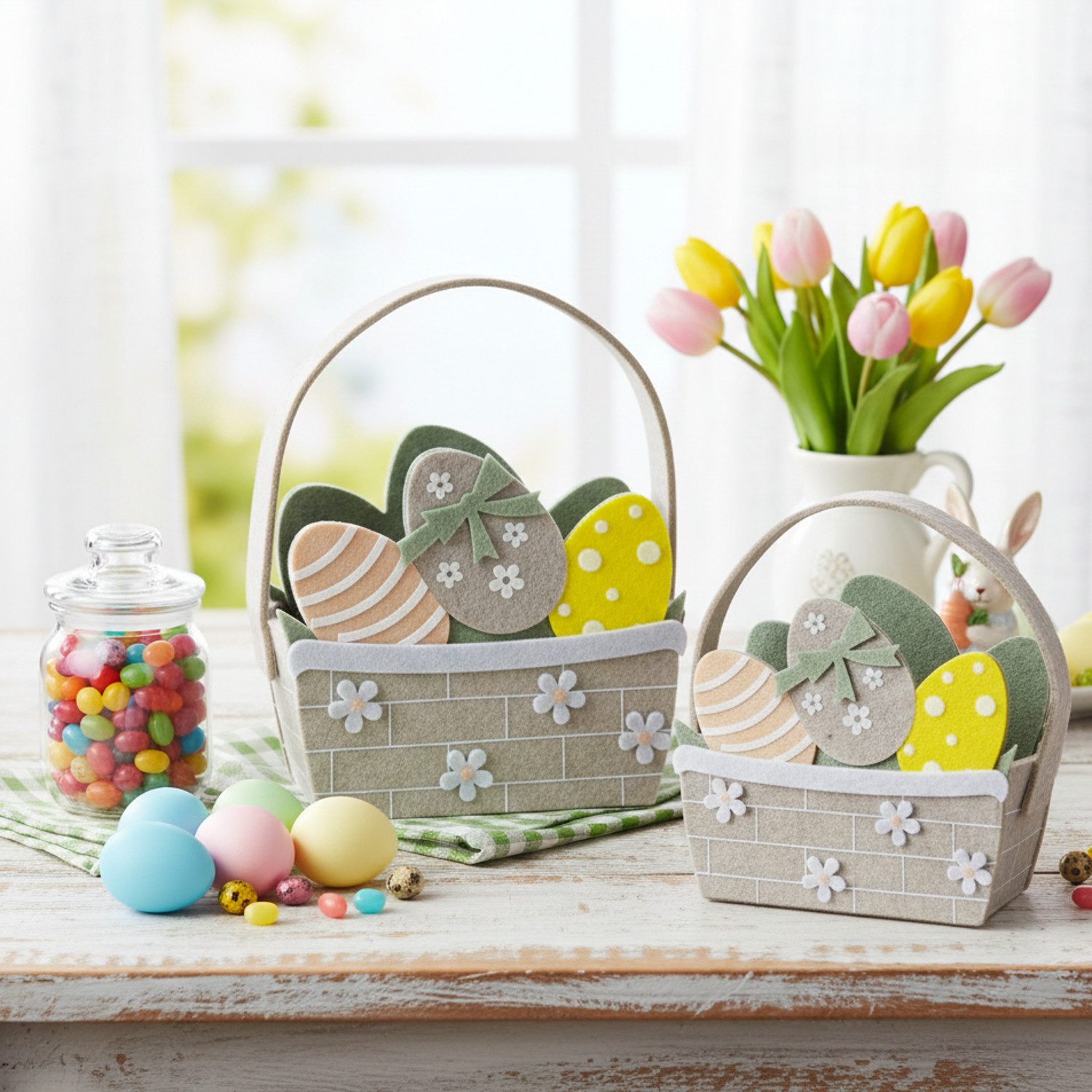 Macosa Home Osternest Oster Geschenkkorb 2er Set Osterreier Filz, Beige bunt Osterkorb
