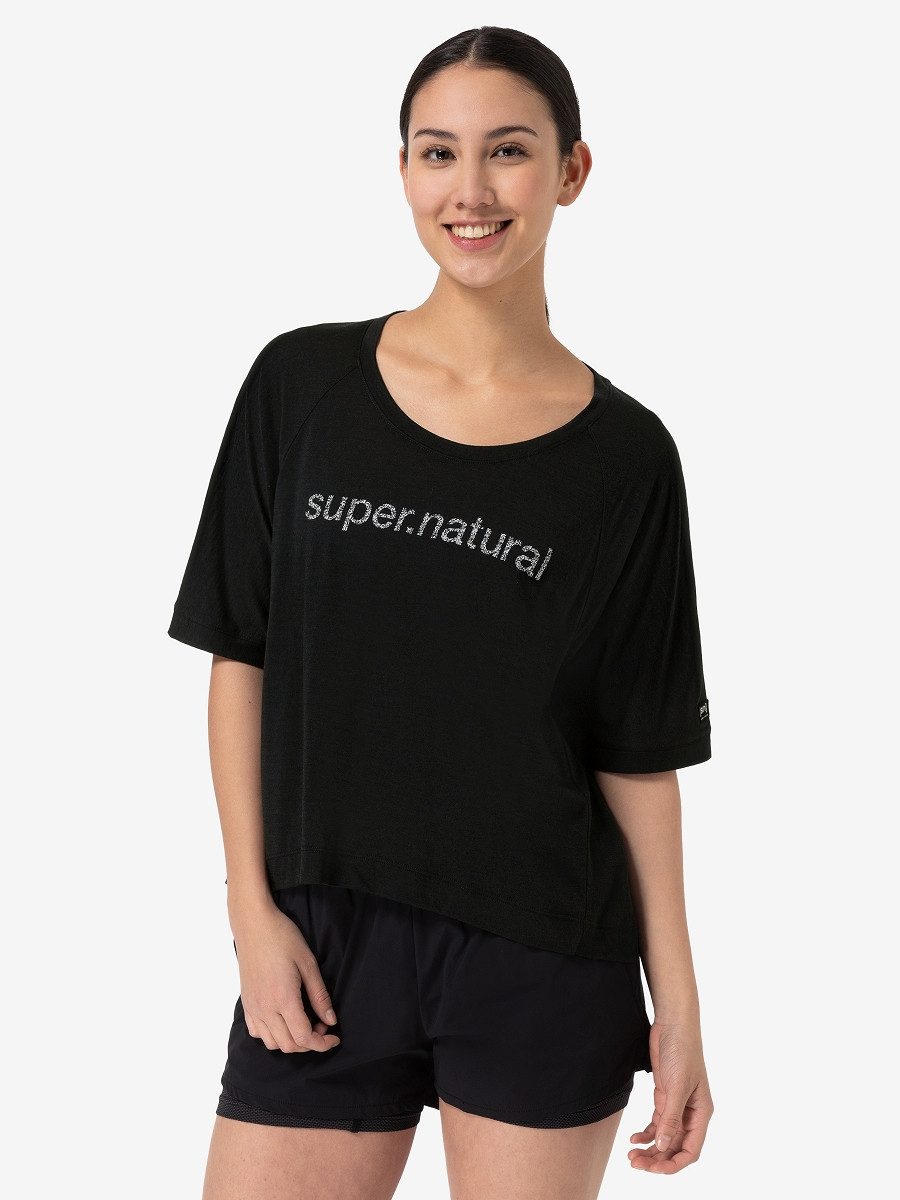 SUPER.NATURAL Print-Shirt für Damen aus Merino W LIQUID FLOW TEE hoch geschnitten und leichtes Material