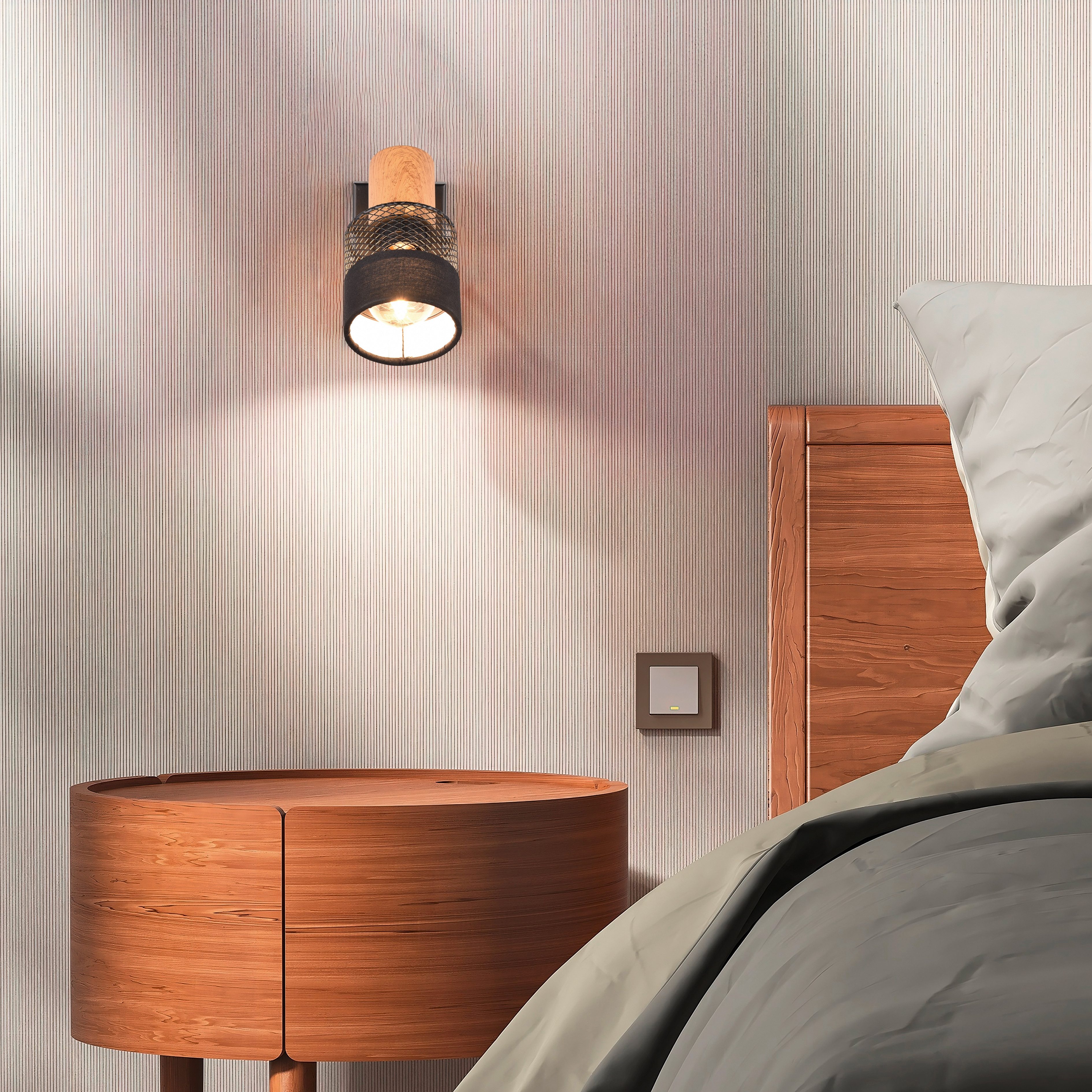 TRIO Leuchten Wandstrahler NANDINI, Spot 1-flammig exkl 1x E14 max 10W, flexibel drehbarer Spot, Leuchtmittel wechselbar, warmweiß - kaltweiß, Wandspot mit Schirm aus Holz, Stoff und Metall, Ø7cm Schirm