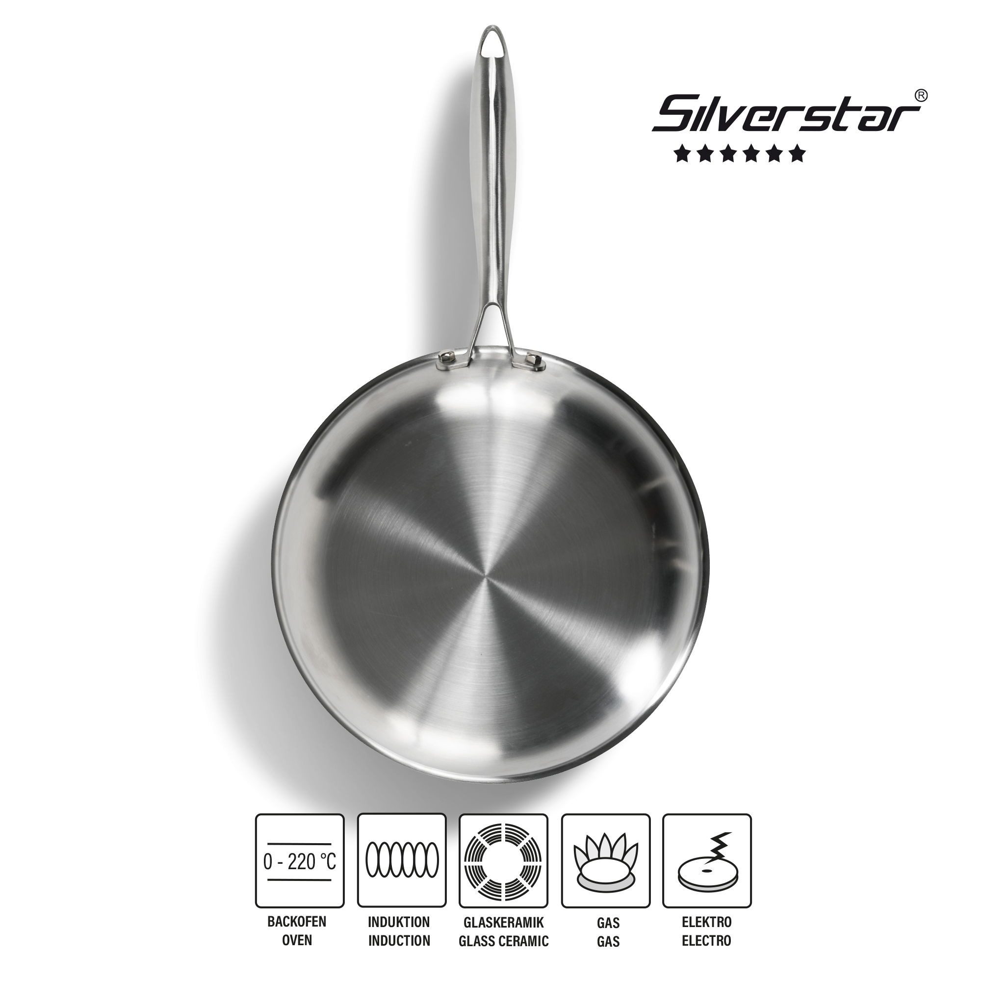 STONELINE Pfannen-Set Silverstar® 6-tlg. Edelstahl 20/24/28 cm mit Deckeln, Aluminium, Edelstahl (5-tlg), Edelstahl, für scharfes Anbraten