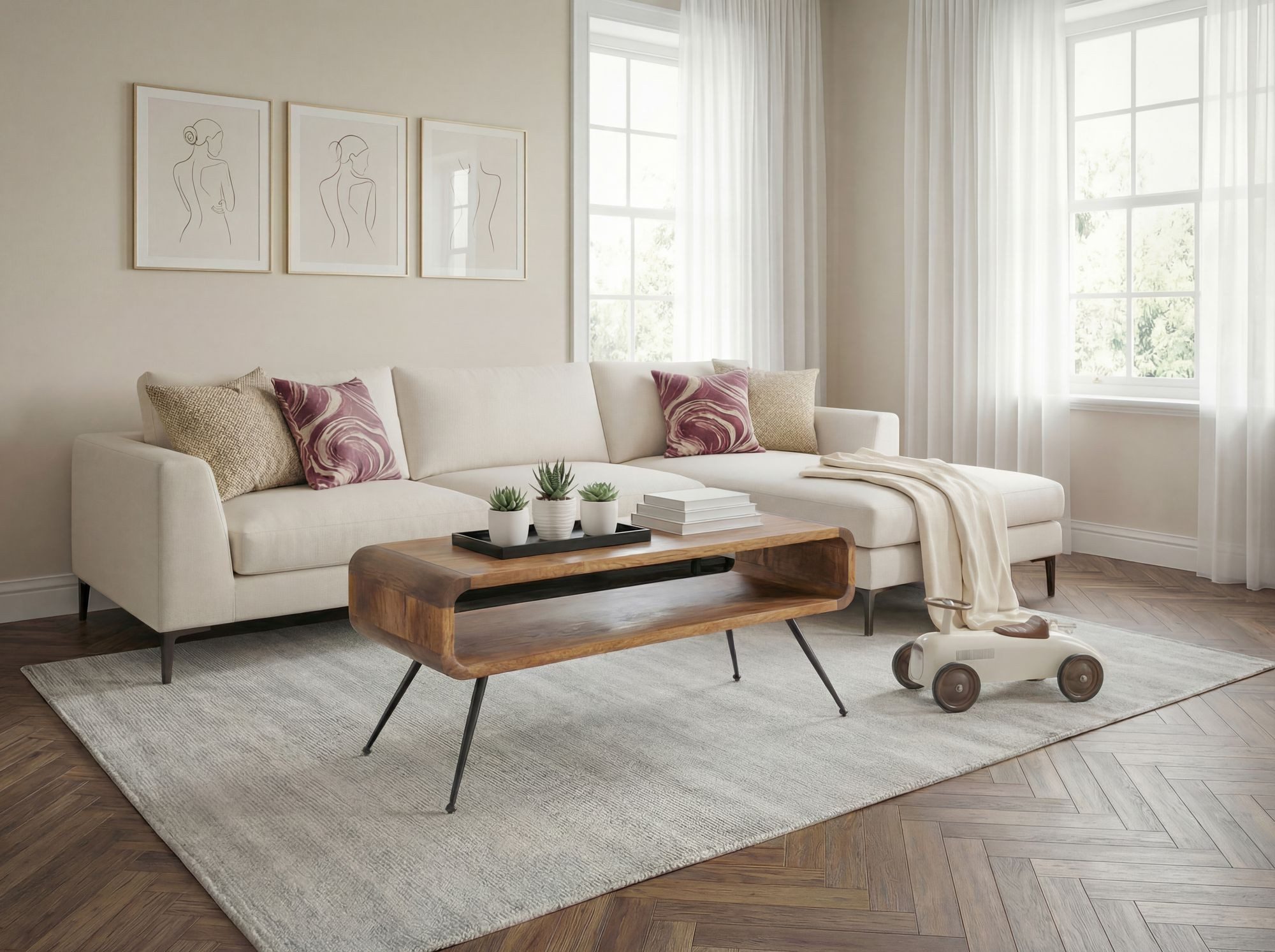 FINEBUY Couchtisch FB116624 Massivholz 105cm Wohnzimmertisch Ablage Beistelltisch Tisch (Längliches Möbelstück im edlen Retro-Stil), Korpus aus Mangoholz auf robustem Metall