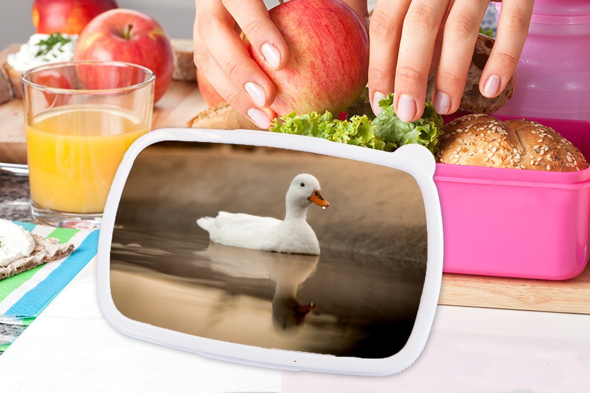 MuchoWow Lunchbox Ente - Vogel - Kinder, (2-tlg), rosa Wasser - Kunststoff, Brotbox Snackbox, Mädchen, Kunststoff für Brotdose Erwachsene, Weiß