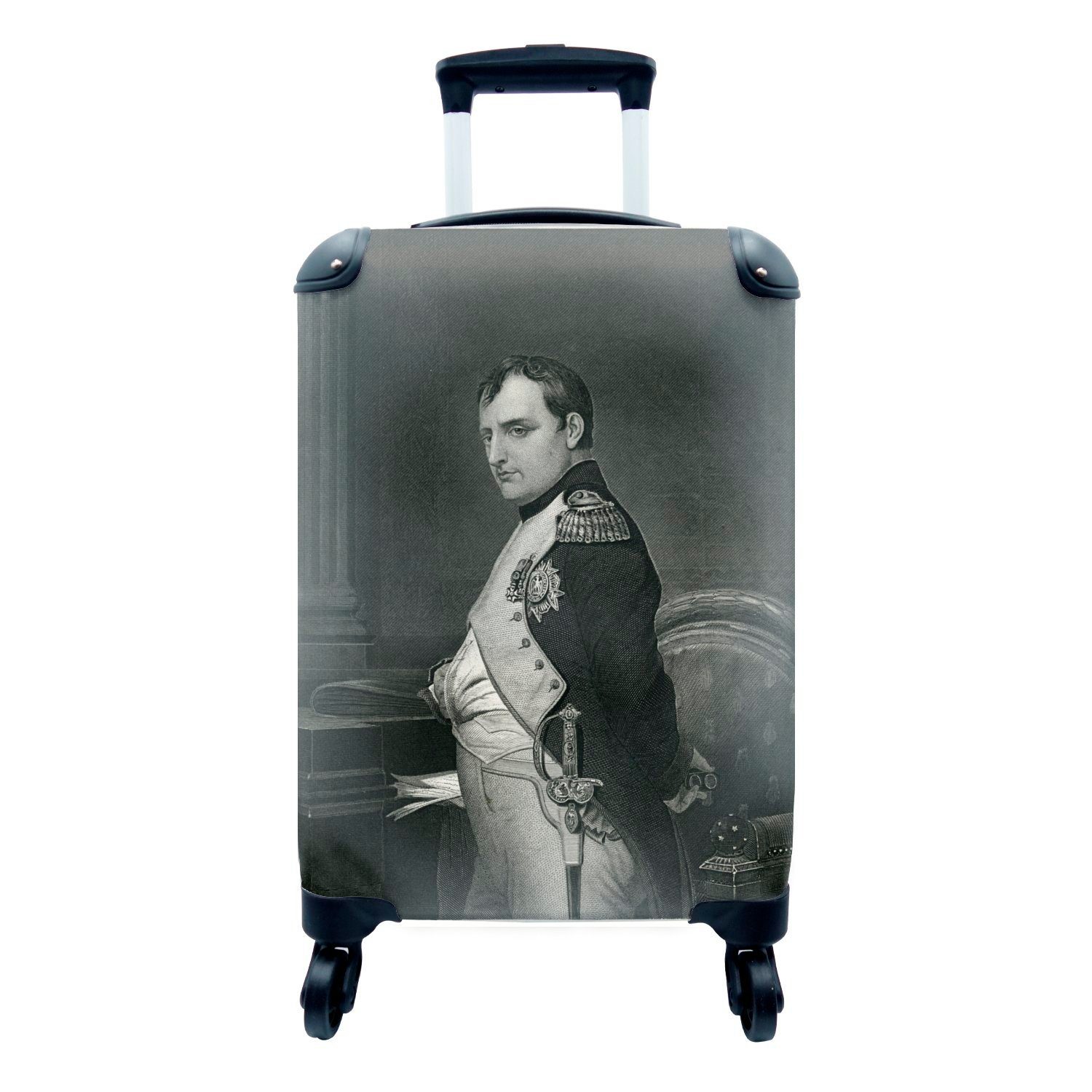 MuchoWow Handgepäckkoffer Schwarz-weiß Illustration von Napoleon Bonaparte stehend, 4 Rollen, Reisetasche mit rollen, Handgepäck für Ferien, Trolley, Reisekoffer