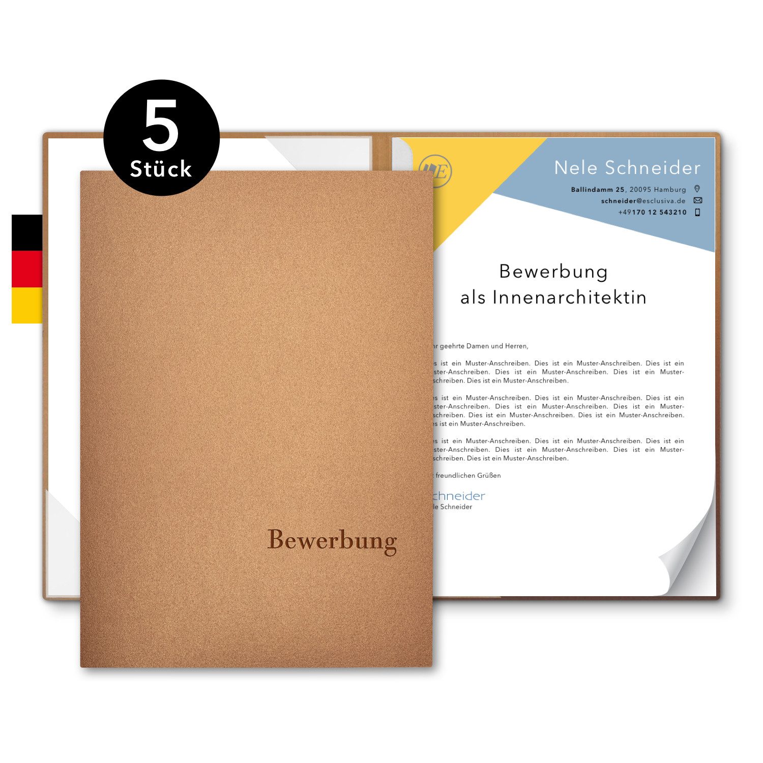 STRATAG Bewerbungsmappe Esclusiva® Classic-plus Metallic - 5 Stück 2-teilig mit 1 Klemmschiene (Set, 5-St., Premium-Qualität mit hochwertiger Prägung Bewerbung), direkt vom Hersteller STRATAG - handgefertigt in Deutschland