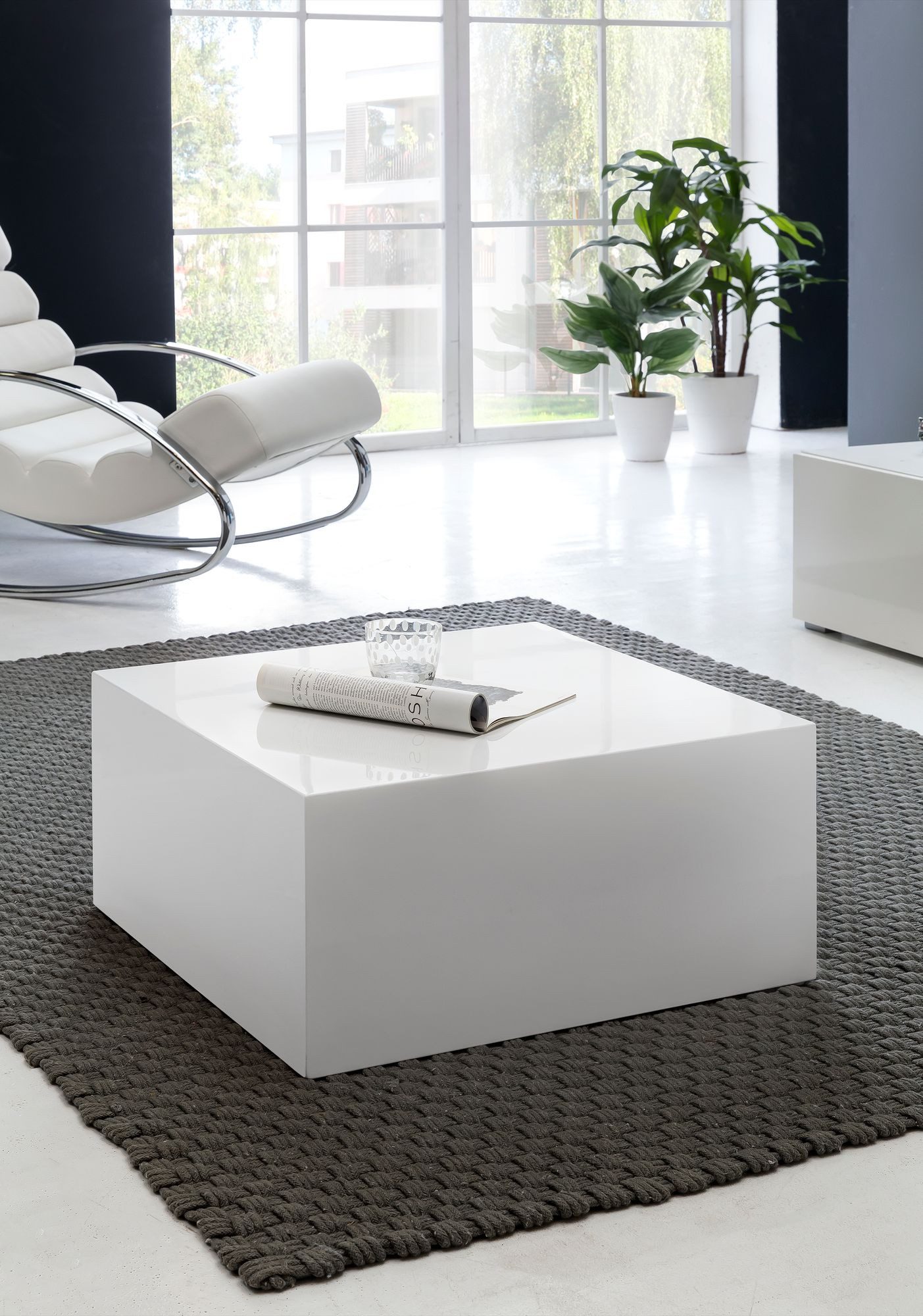 FINEBUY Couchtisch FB42990 MONOBLOC Holztisch Weiß 60 cm Wohnzimmertisch Sofatisch (MONOBLOC 60x60x30 cm Hochglanz MDF Weiß Lackiert), Kleiner Wohnzimmertisch, Sofatisch Quadratisch