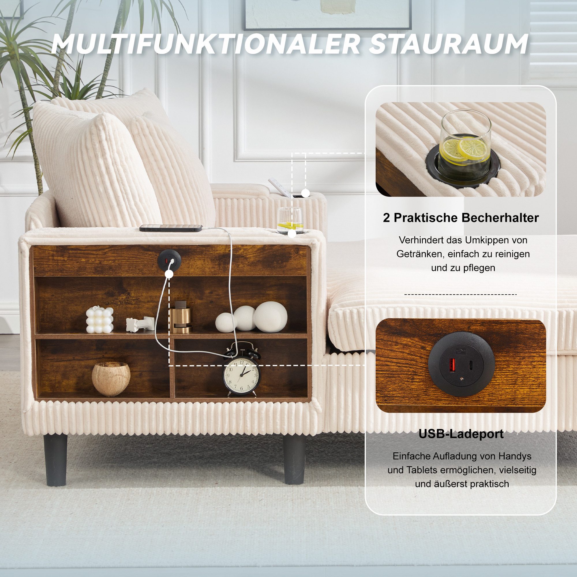 REDOM Sofa aus Cord mit Chaiselongue, Loungesofa, großzügiger Liegefläche, integrierten Getränkehaltern, LED-Licht und USB-Anschluss, mit Stauraum und Seitentasch, Schlafsofa