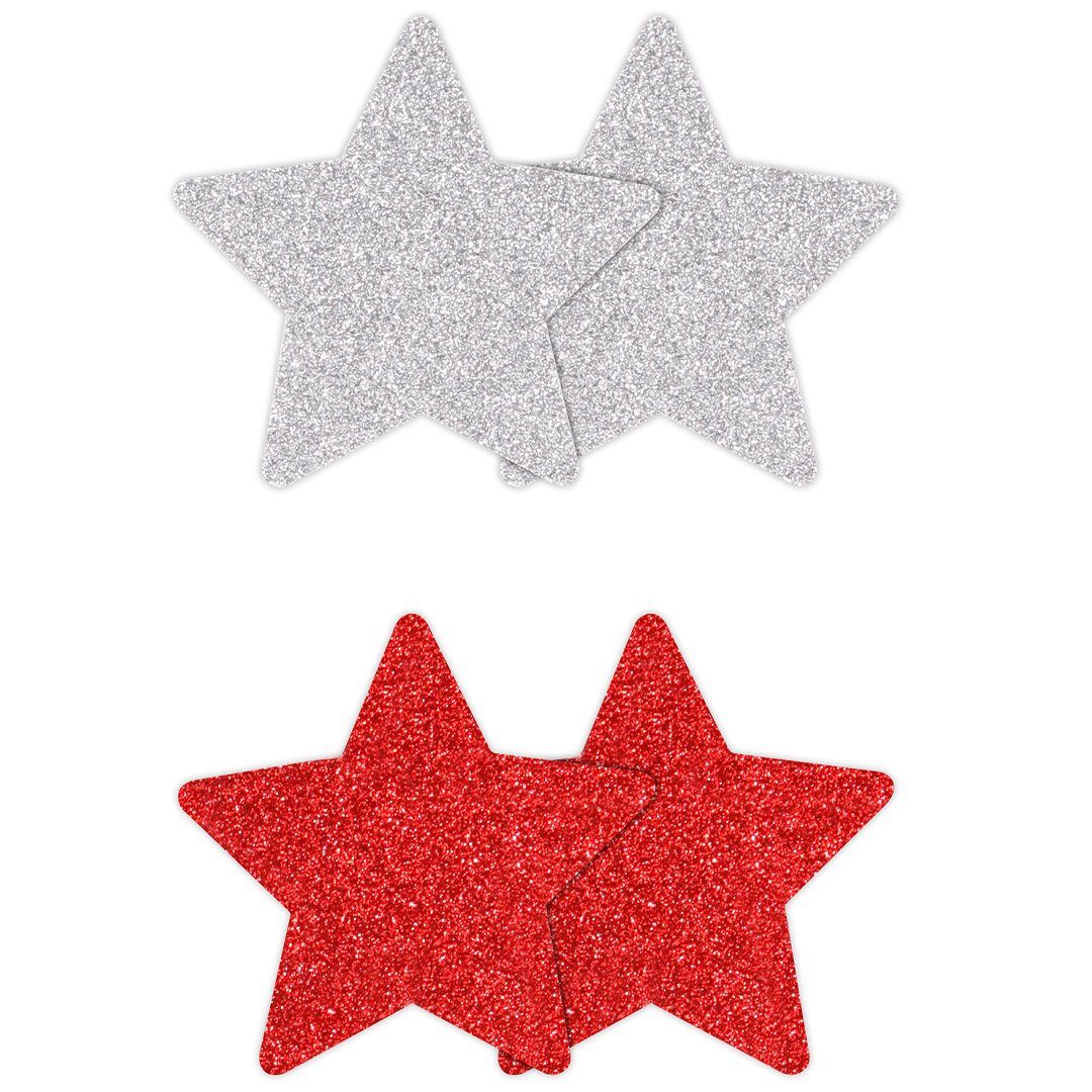 NS Novelties Brustwarzenabdeckung 2 Paar Nippelpasties Sterne Glitzer Nippelsticker - rot, silber