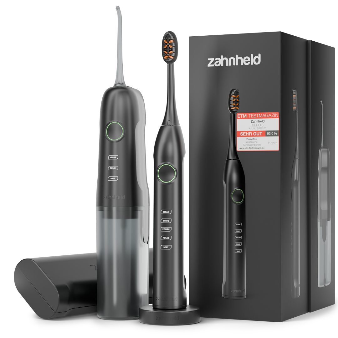 Zahnheld Elektrische Zahnbürste Schallzahnbürste Gero mit Munddusche & Etui schwarz/weiß, 10 Wo Akku, Elektrische Zahnbürste & Zahndusche, Mundpflege, Reisezahnbürste mit Schall, Water Flosser, Wasserstrahl