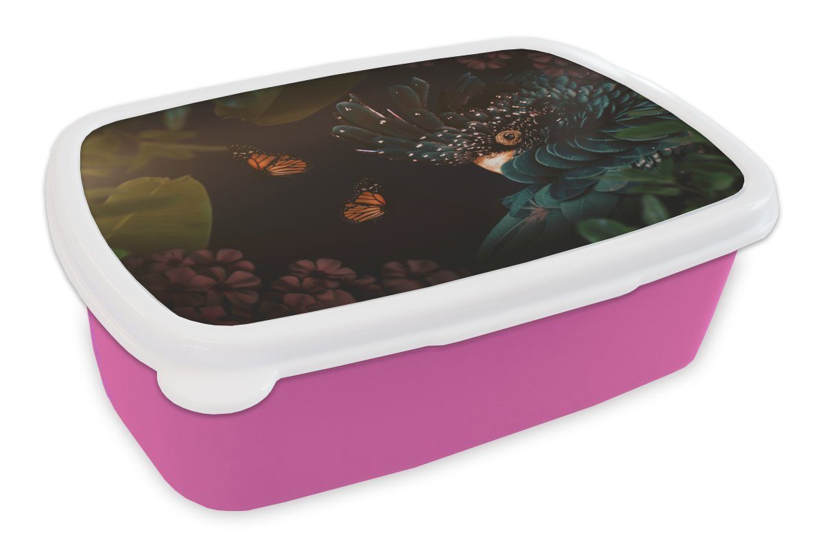 MuchoWow Lunchbox Dschungel - Vogel Mädchen, Kunststoff für Brotbox Brotdose Blumen, - - Kunststoff, Snackbox, rosa Kinder, Erwachsene, (2-tlg), Schmetterling