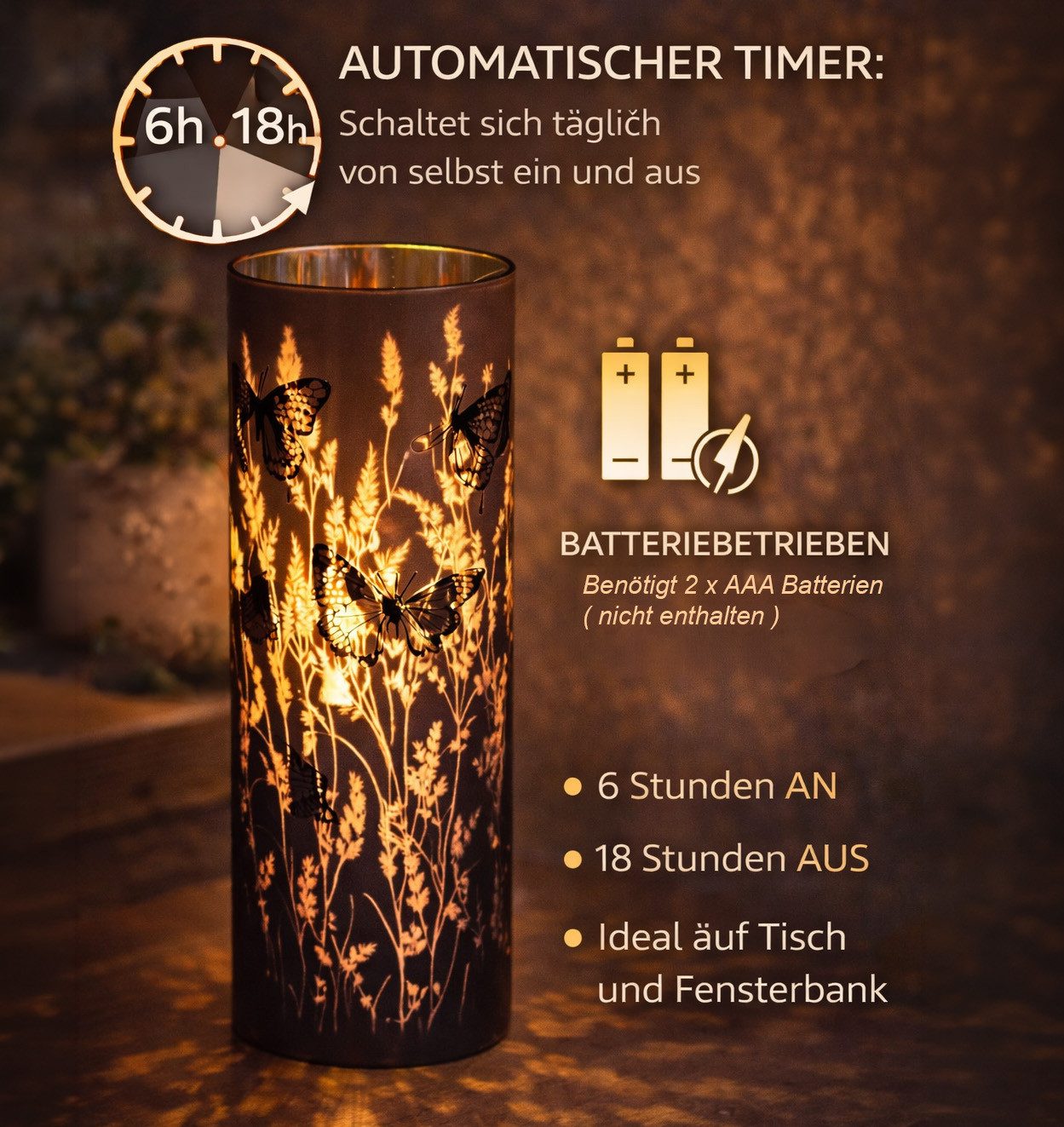 formano LED Dekolicht LED Deko Licht Zylinder Schmetterling mit Timer 6h/18h Ambientelicht, LED fest integriert – Bild 4 von 5