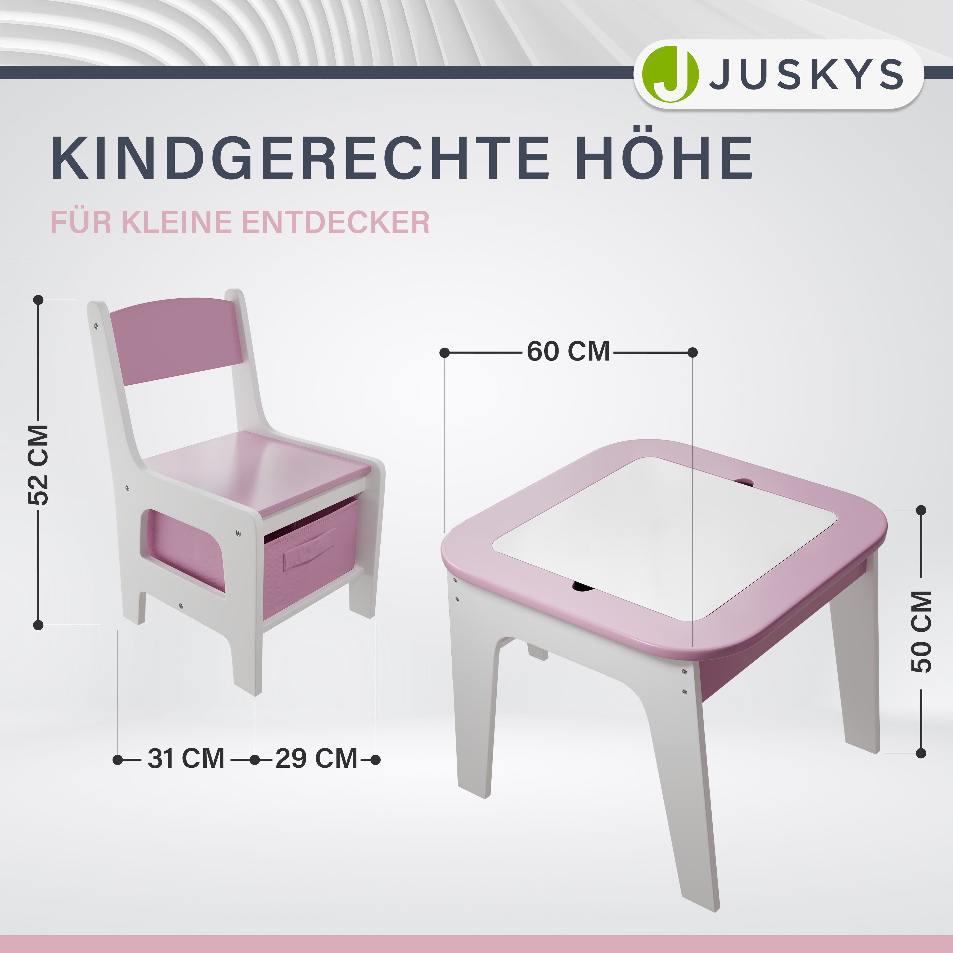 Juskys Kindersitzgruppe Milou, Set mit 2 Stühlen & 1 Tisch, Holz Spieltisch, Stauraum & Wendeplatten