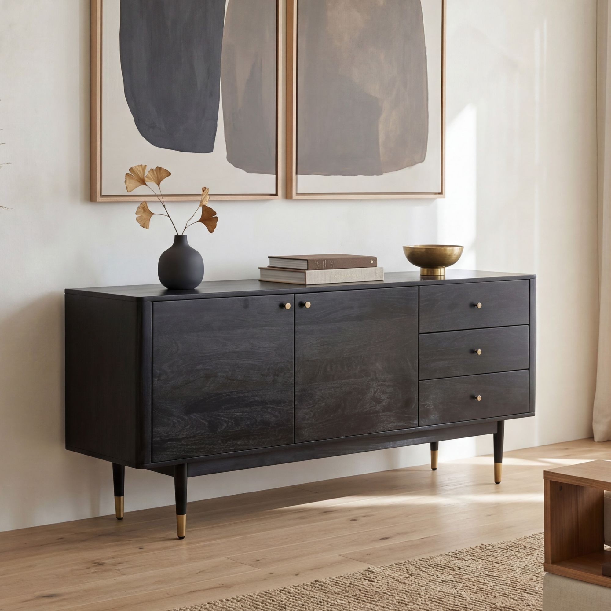 FINEBUY Sideboard FB110287 Akazie Massivholz 160cm 2 Türen 3 Schubladen Kommode Schwarz (160 cm Akazie Massivholz Schwarz, Kommode Hoch), Anrichte Modern, Standschrank Türen & Schubladen