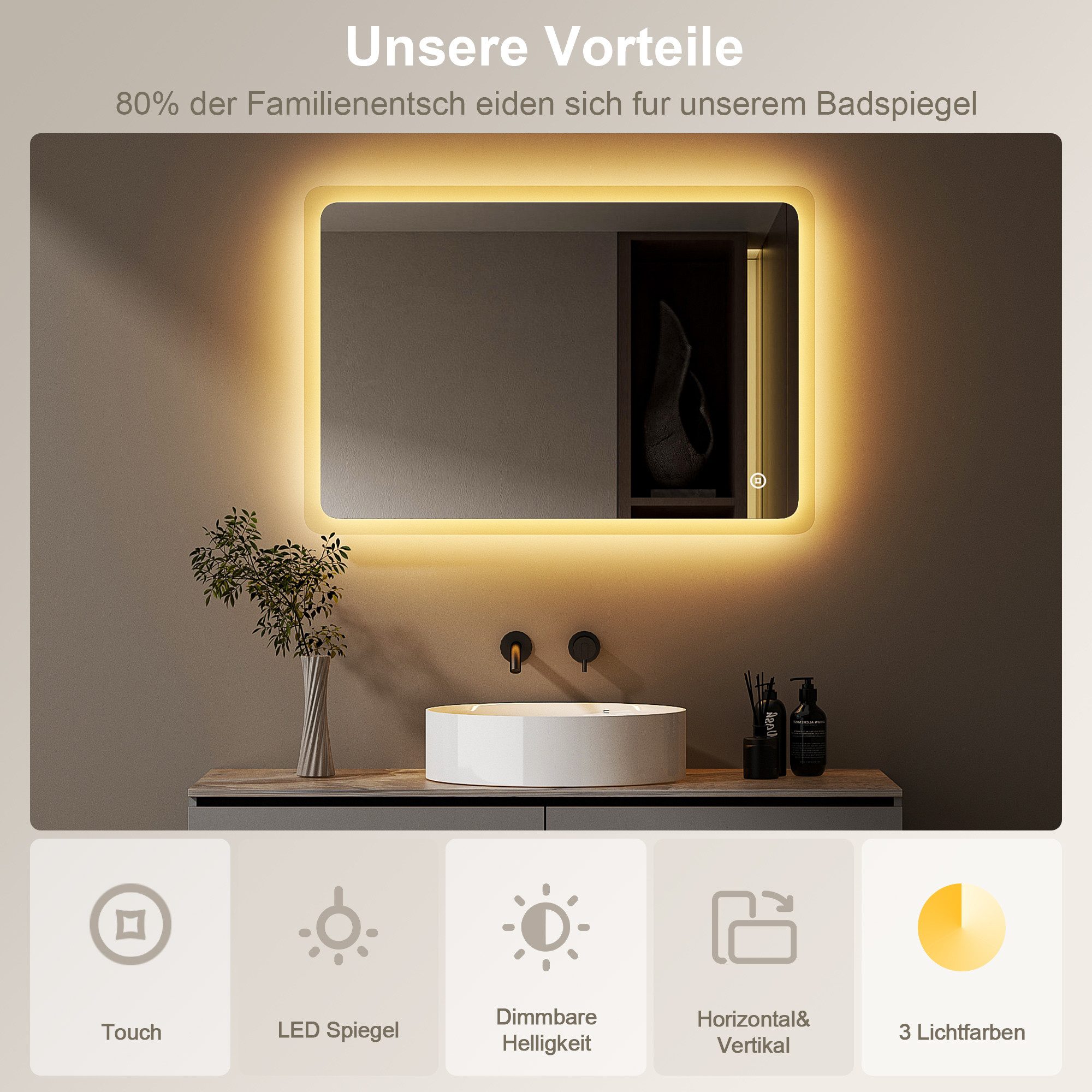 WDWRITTI Badspiegel Badezimmerspiegel mit Beleuchtung Wandspiegel Led Touch Wandschalter (Spiegel Bad, 3Lichtfarben, Memory, Helligkeit dimmbar), 3000K/4000K/65 – Bild 4 von 5