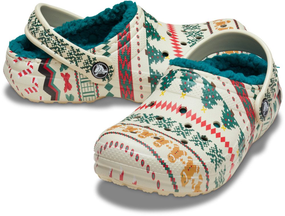 Crocs Classic Lined Isle Clog K Clog Weihnachtsschuh, Hausschuh mit buntem Festive Print
