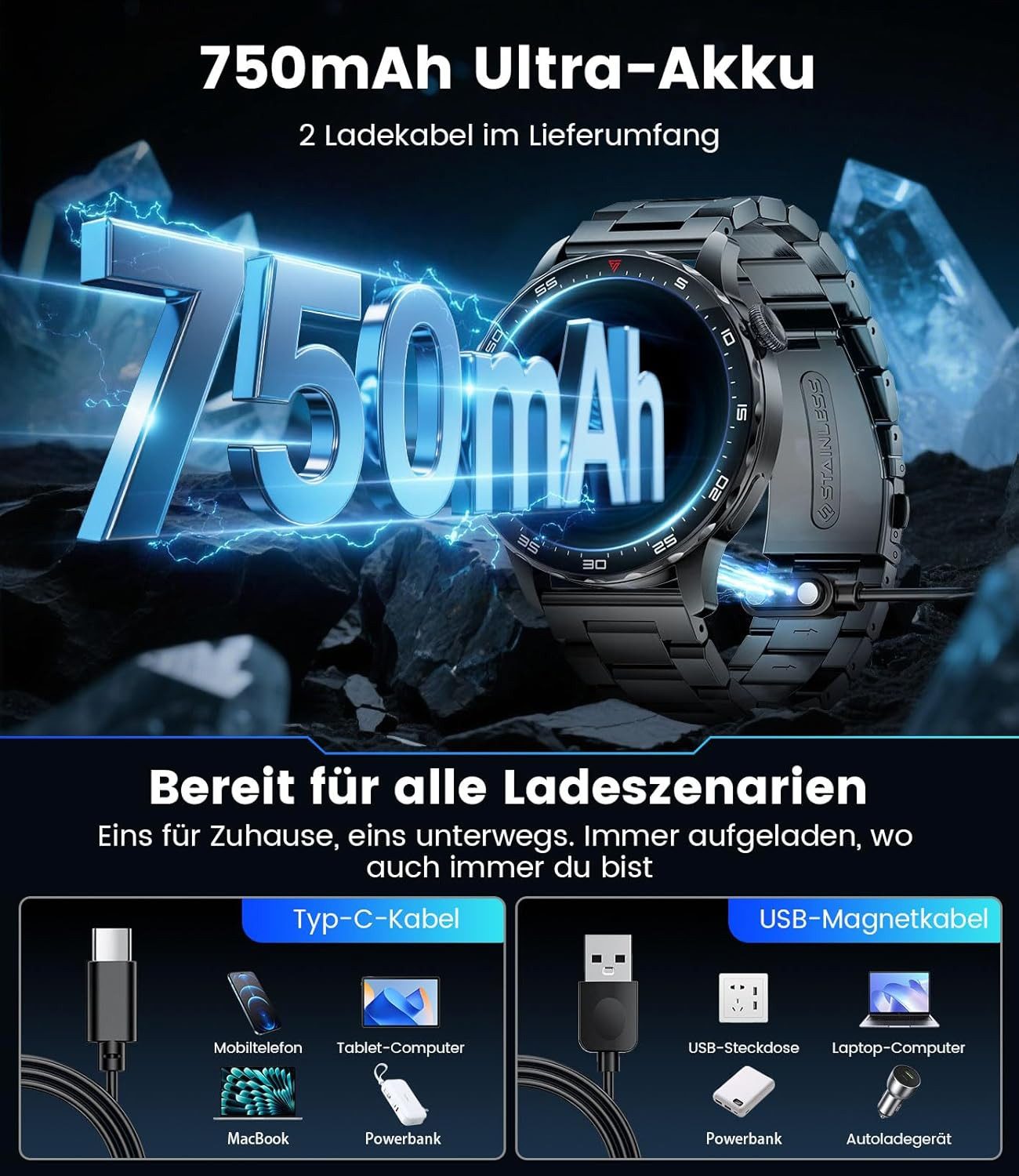 Lige Smarte Herren Uhr: mit Telefonfunktion und AMOLED Display Smartwatch (3,6 cm/1,43 Zoll, Android iOS), Premium Fitness Begleiter inklusive Herzfrequenz Wasserschutz
