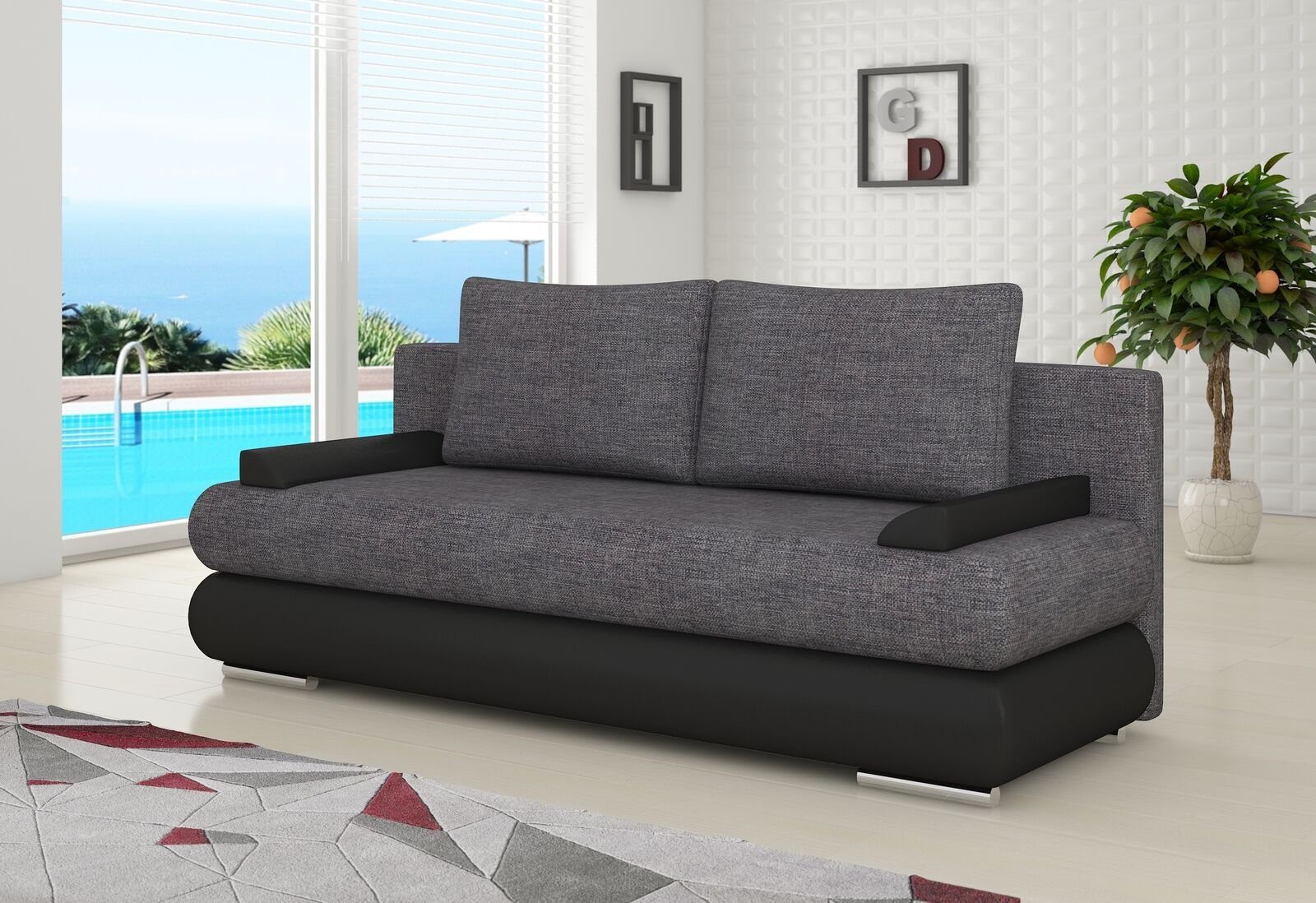 JVmoebel Sofa, Design Schlafsofa Couch Polster 3 Sitzer Stoff Couch Gästezimmer Dunkelgrau / Schwarz