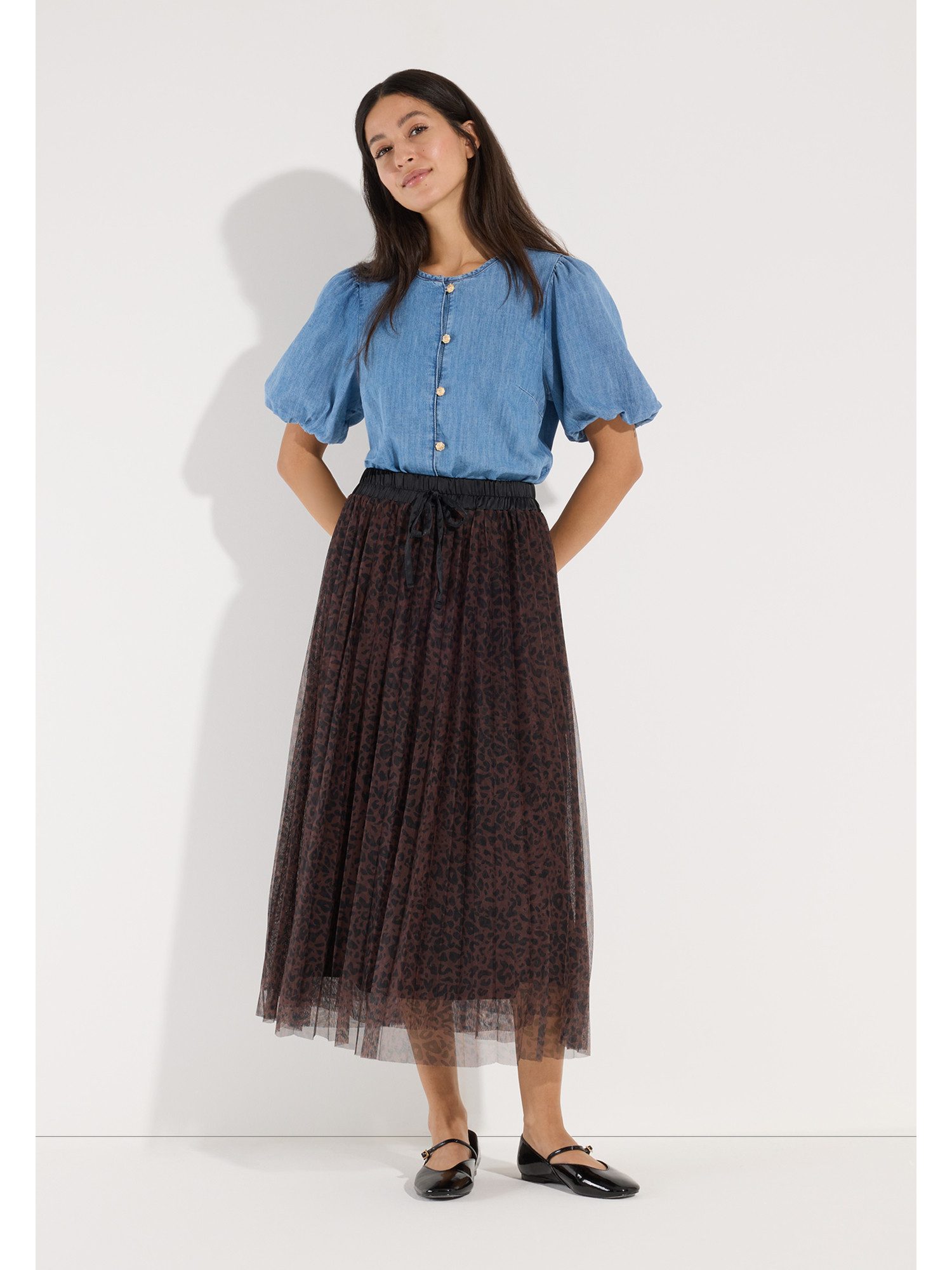 MORE&MORE A-Linien-Rock trendiger Maxi-Meshrock, Leoprint