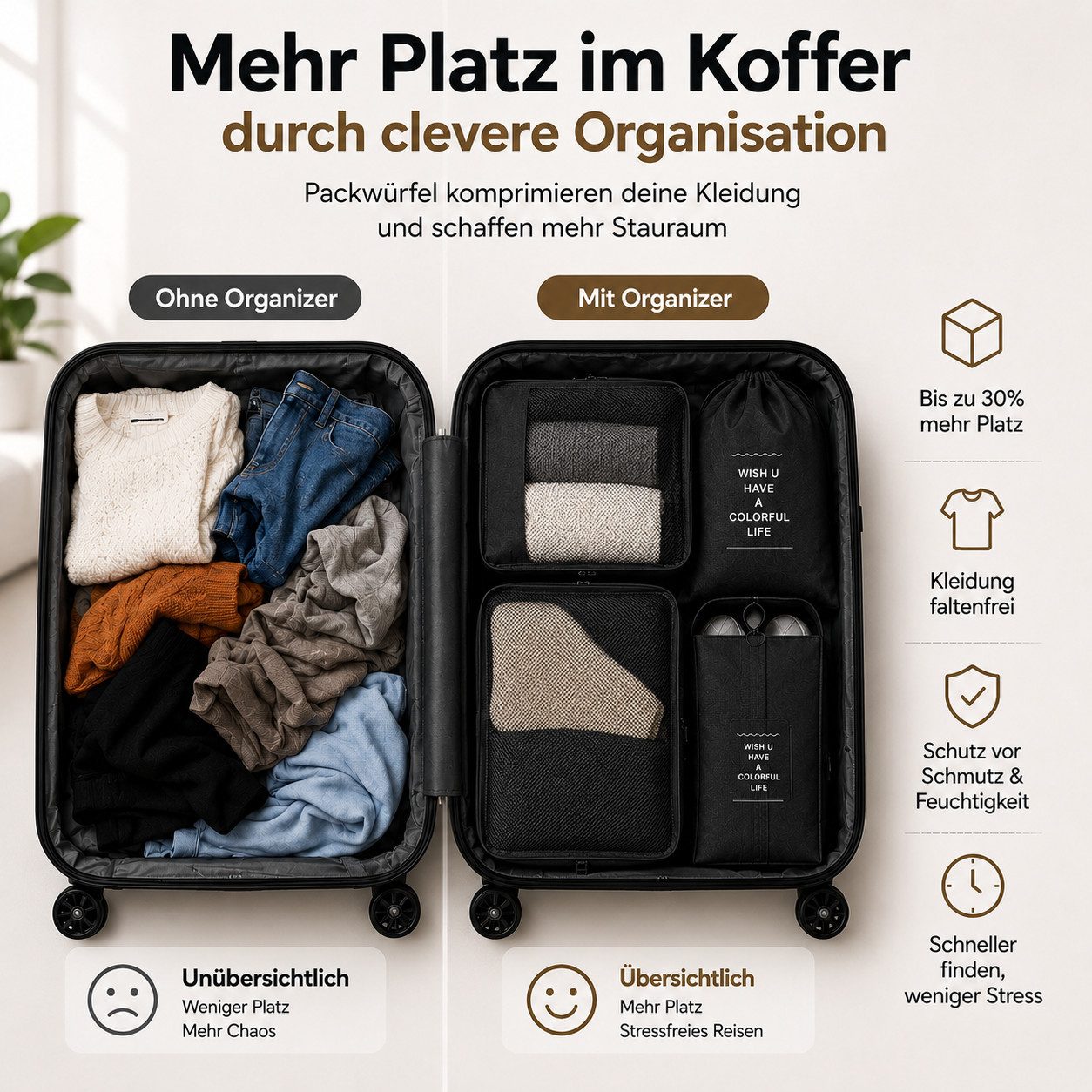 Everhomely® Kofferorganizer Kofferorganizer 8er mit Kosmetiktasche – Packtaschen Packwürfel Reisen (Set, 8er Set)