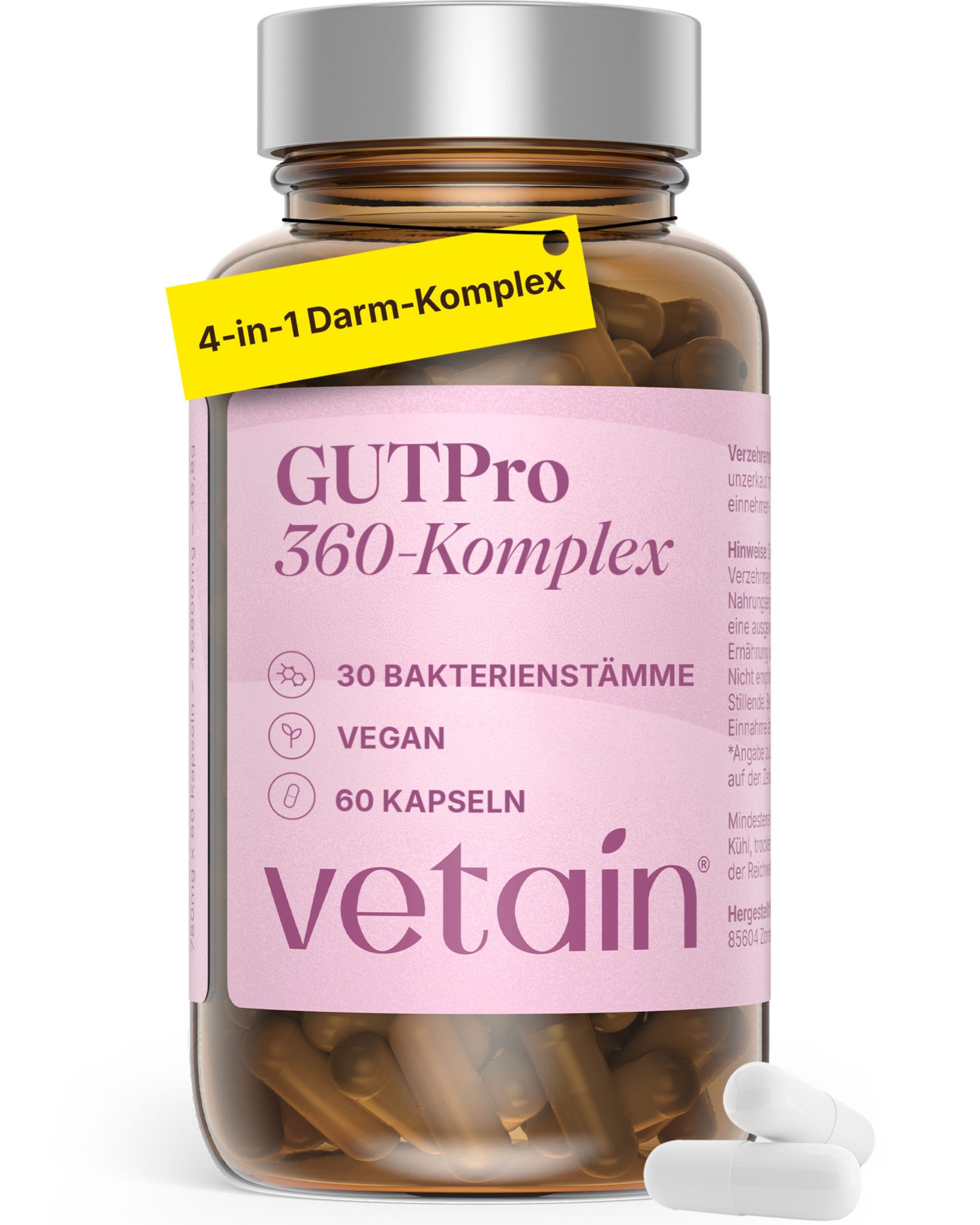 VETAIN GUTPro 360° für Darm – 30 Bakterienstämme & 30 Mrd. KBE - ohne Inulin Kapseln, 60 St., DigeZyme® Enzyme, Calcium & Magnesium, FODMAP-freundlich
