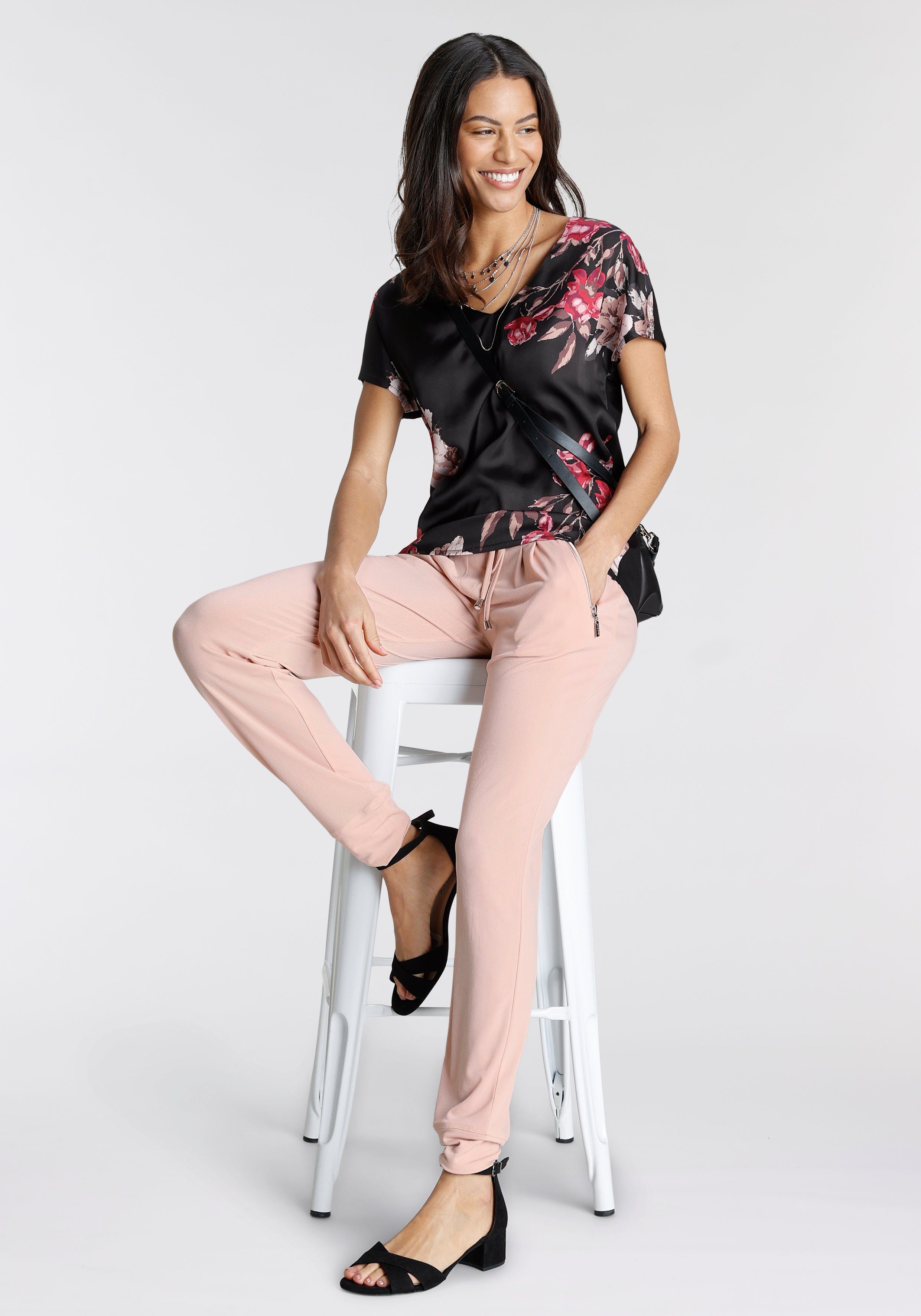Laura Scott Shirtbluse im schwarz-rosa-geblümt Materialmix