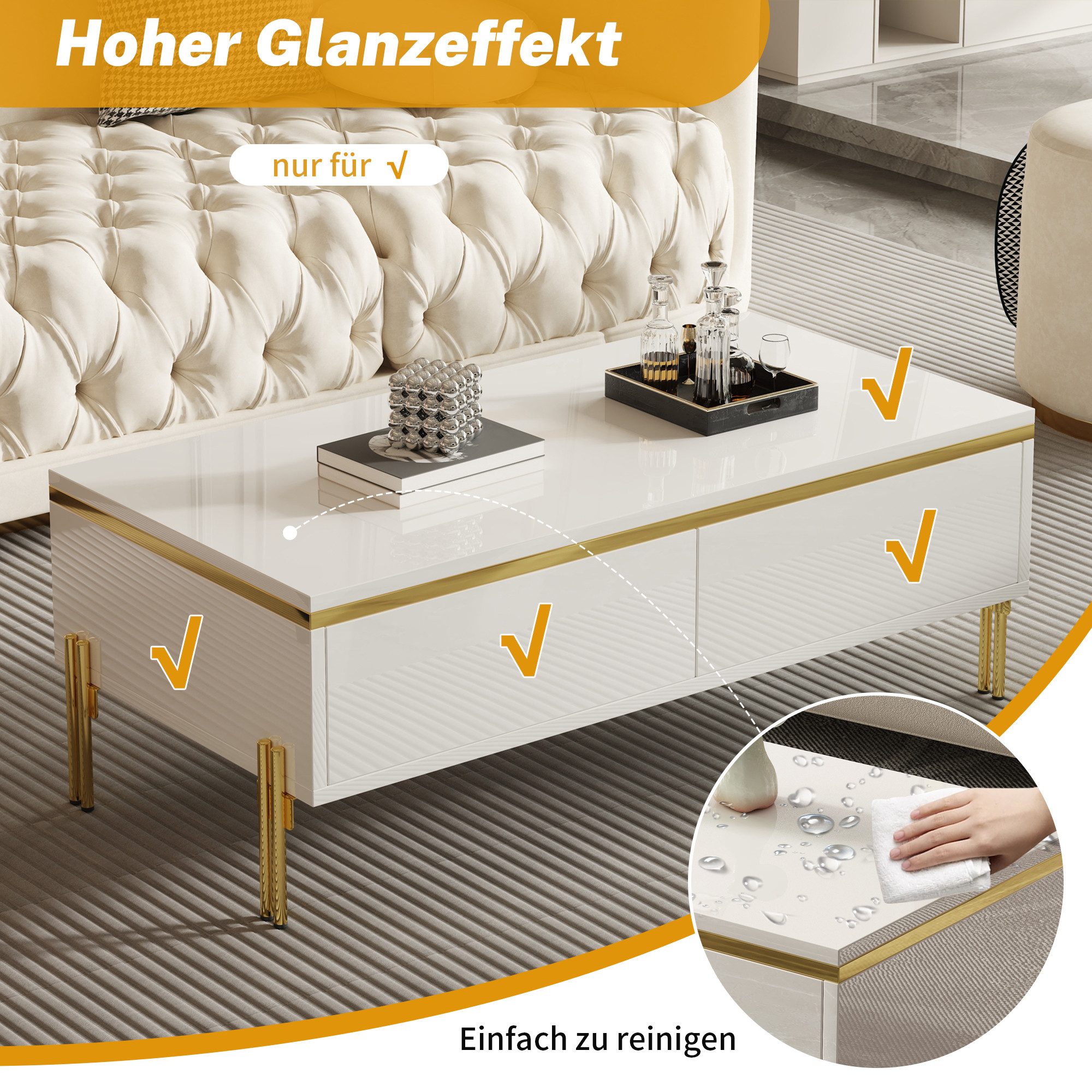 Merax Couchtisch hochglanz Sofatisch Beistelltisch mit goldenen Zierelementen (1-St), Wohnzimmertisch mit Doppelschubladen und Metallbeinen, 100x50x36cm – Bild 5 von 5