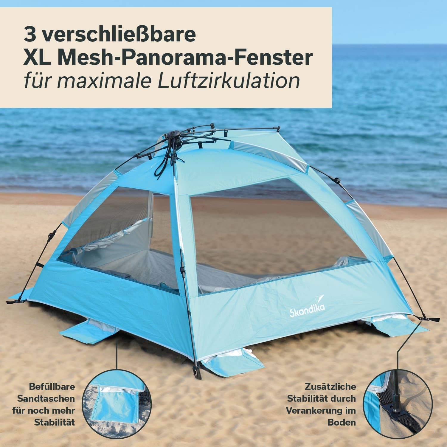 Skandika Strandmuschel Skal, Quick-Start Strandzelt, UV-Schutz 80+, Windschutz, 360° Mesh-Panoramafenster, Sonnenschutz, Sichtschutz, Quick-Up