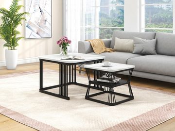 BlingBin Beistelltisch Couchtisch Wohnzimmertisch (1-St., 2er Set, Zwei Ebenen mit Stauraum, PVC in Marmoroptik), Verstellbare Beinpolster, mit den Maßen 65x65x45 cm und 45x45x39,5 cm