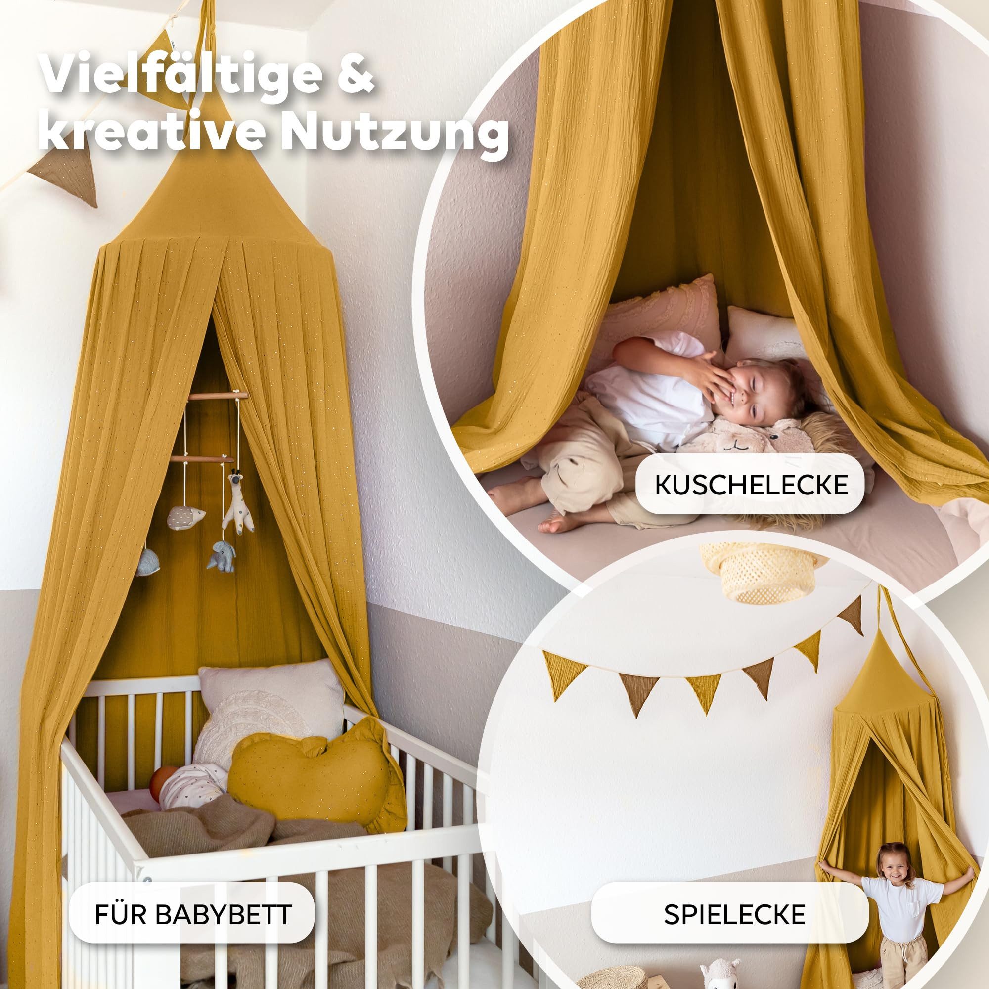 lilimaus Betthimmel Baldachin Gold aus Musselin - großer Himmel für Kuschelecke (1-tlg), großer Baldachin mit Gold-Details - für Bett, Kuschelecke & Leseplatz