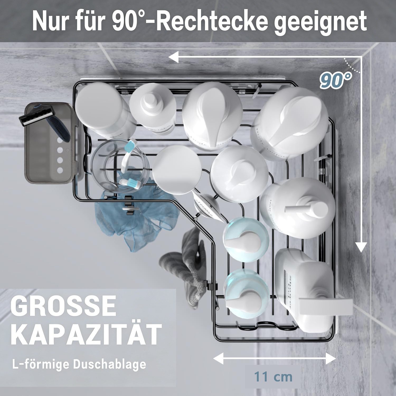 FANNOU Duschablage Ohne Bohren, 2 Stück Selbstklebend Eckregal Badezimmer Organizer, Duschregal Edelstahl mit 4 Haken und 2 Zahnpasta Halter, Duschkorb