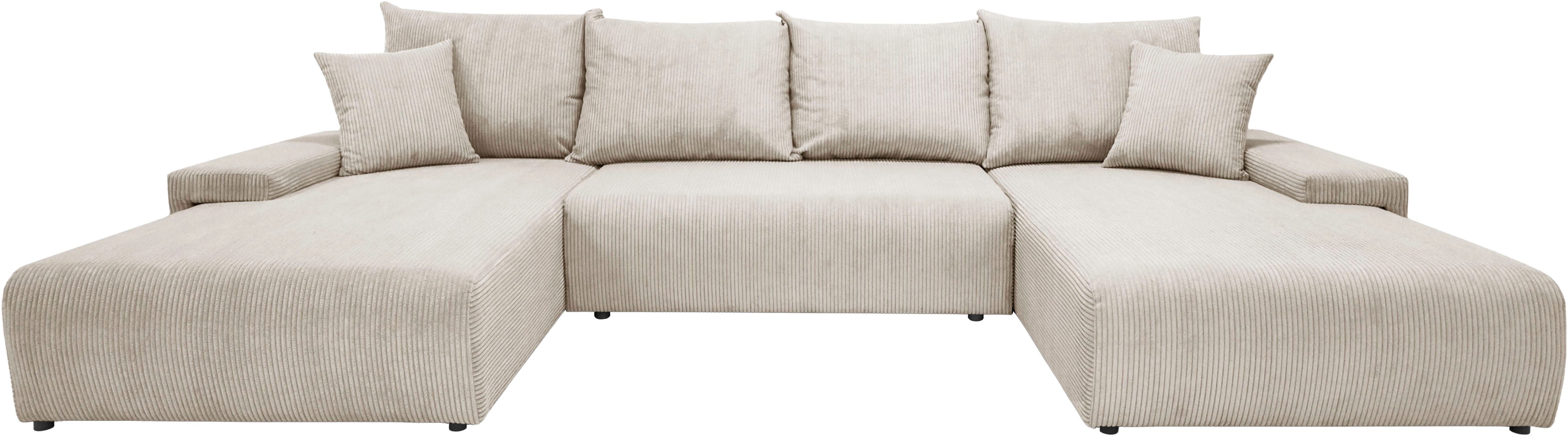 WERK2 Wohnlandschaft Amalfi, B/T: 348/188 cm, in Cord mit Schlaffunktion & Bettkasten, modernes XXL Design, U-Form