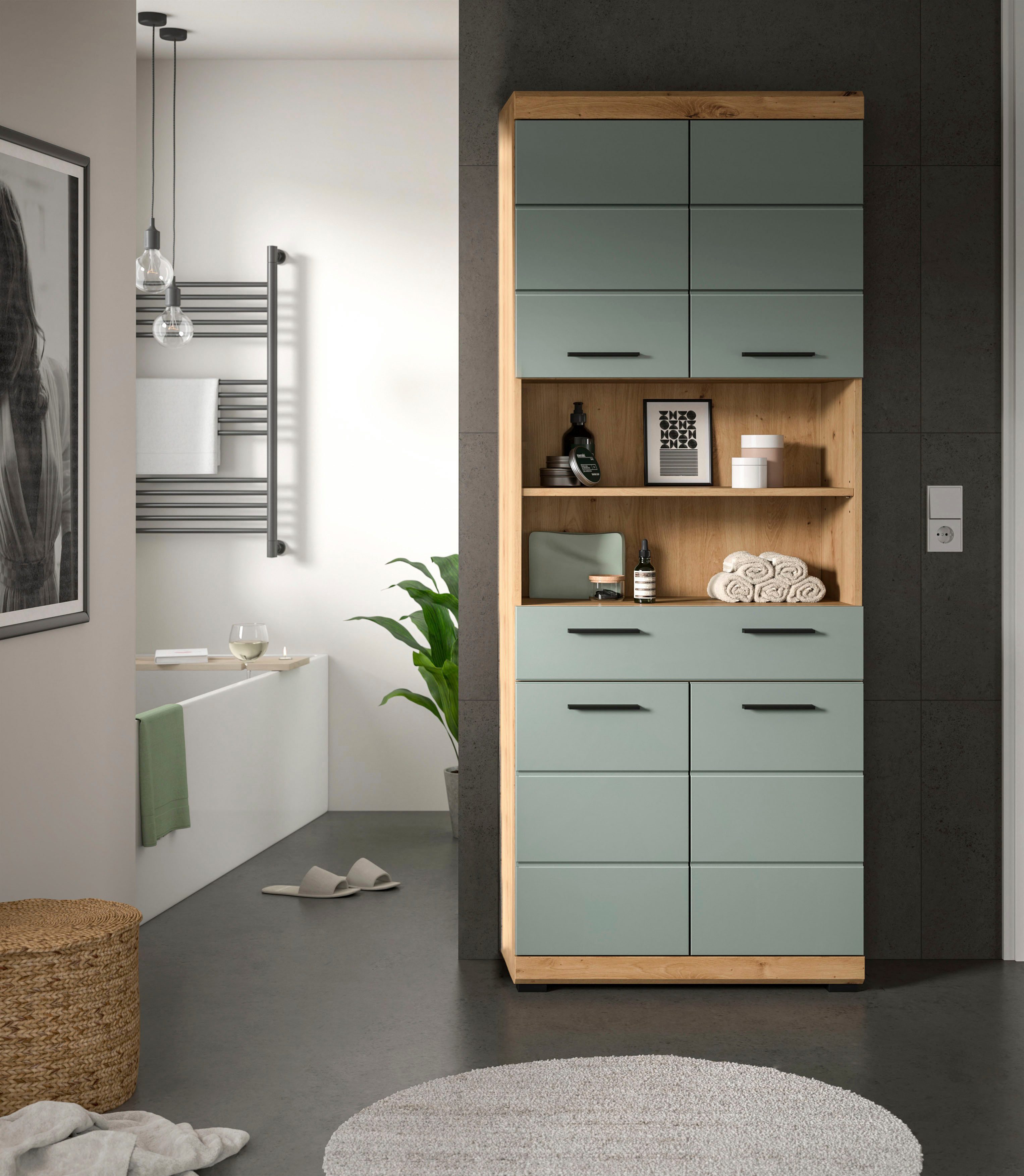 welltime Hochschrank SIENA, Breite 74cm, 4 Türen, 1 Schubkasten, 2 offene Fächer, MDF-Front (TOPSELLER) in verschiedenen Farben erhältlich, Badmöbel, Badschrank, Schrank, Bad