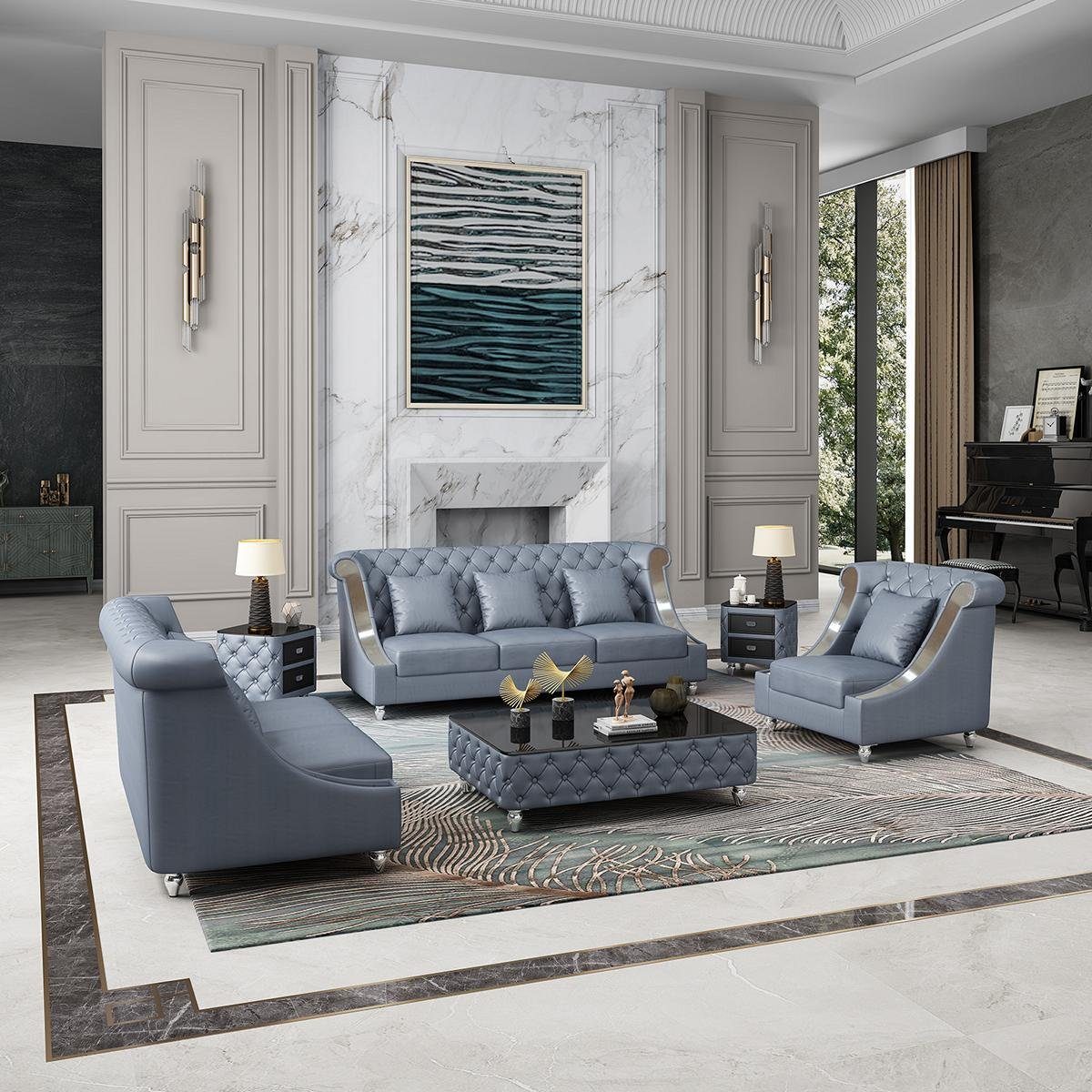 JVmoebel Wohnzimmer-Set, Ledersofa Couch Wohnlandschaft Garnitur Design Modern 3 1 Sitzer Blau | Wohnwände