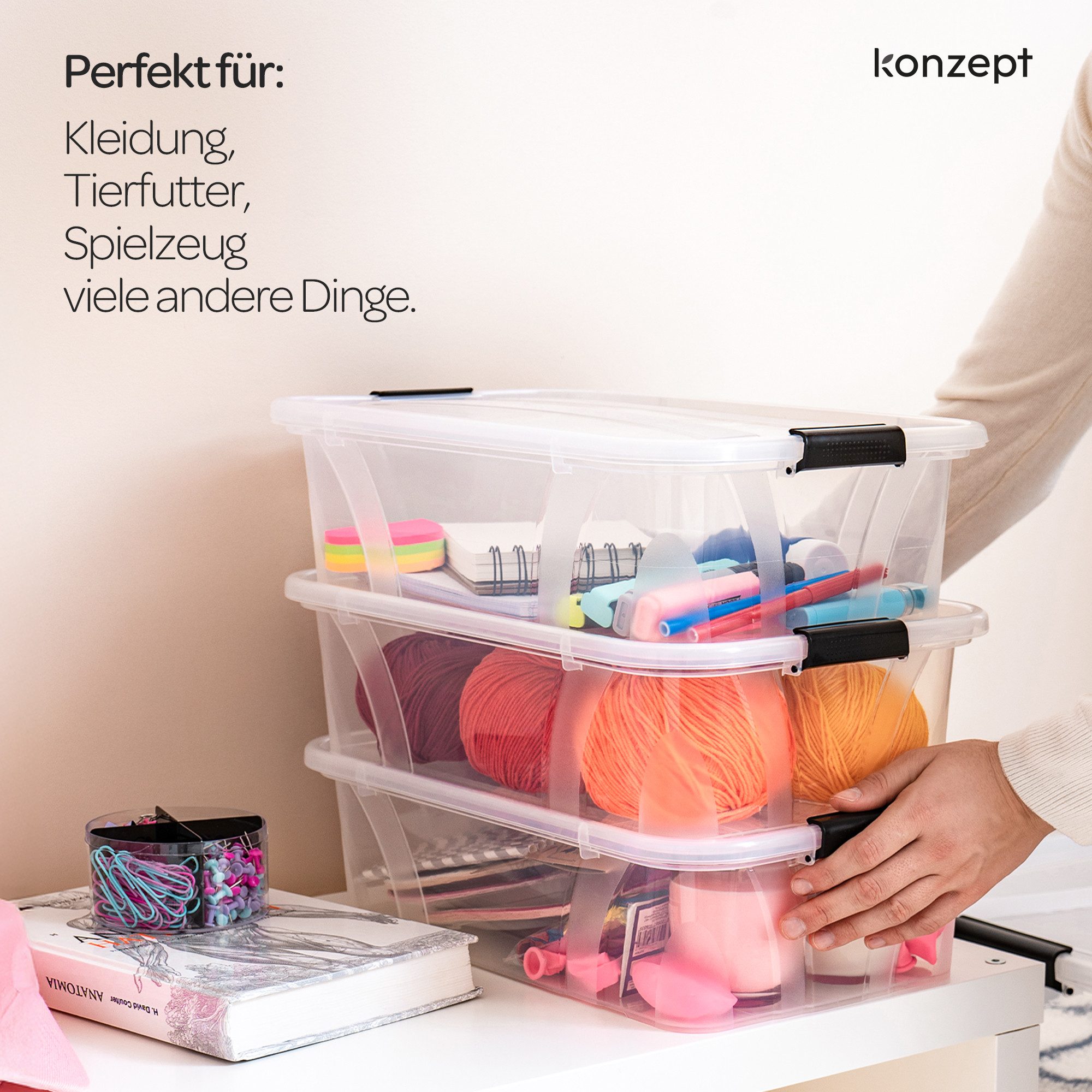 KONZEPT Aufbewahrungsbox Plastikbox mit Deckel Set 4 Stk. 7L /14L Transparent, Stapelbar, Abschließbar, Feuchtigkeitsbeständig, Luftdicht – Bild 2 von 5