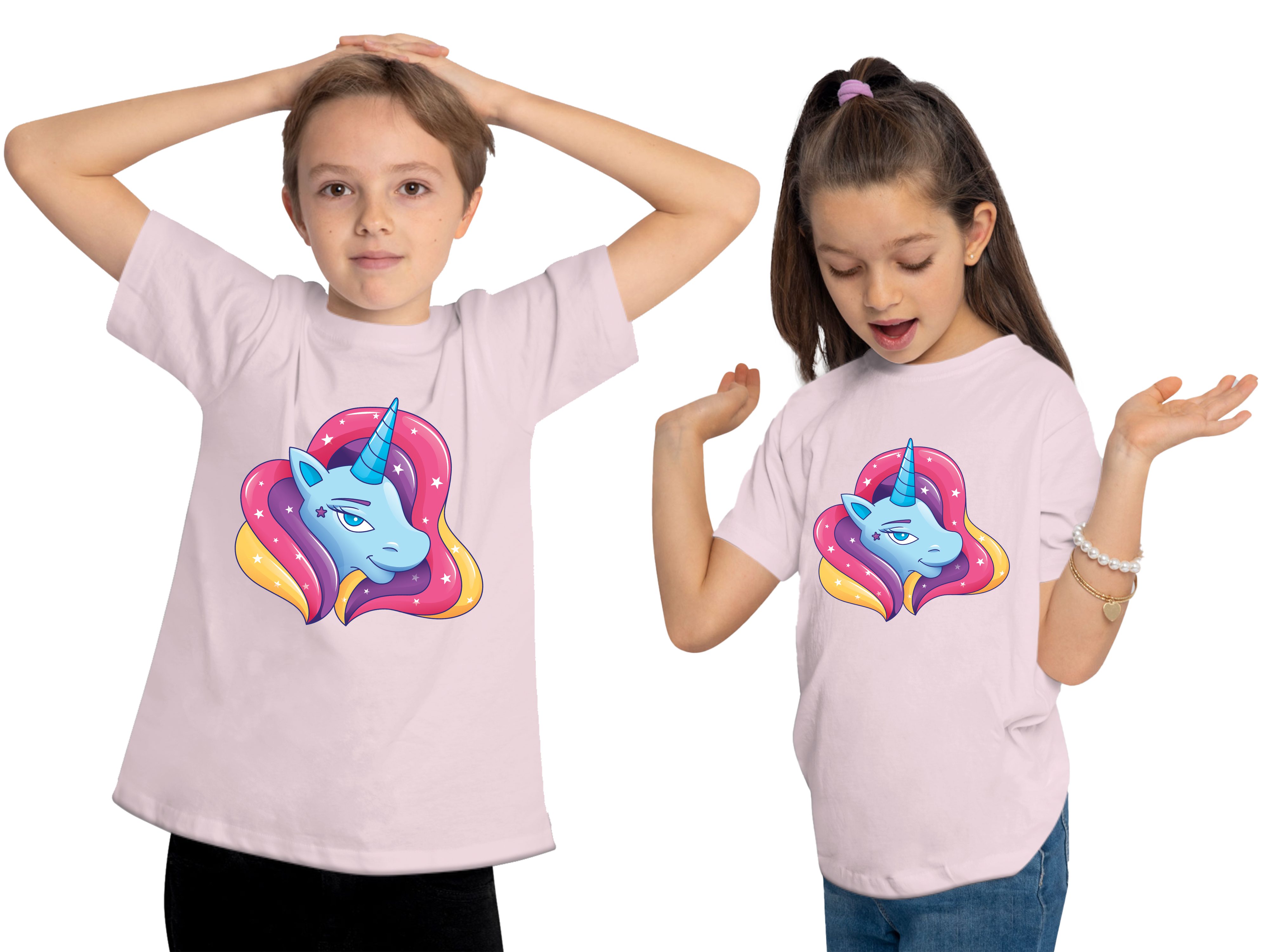 - T-Shirt Baumwollshirt MyDesign24 mit Mädchen Kopf i195 mit Regenbogenmähne rosa Aufdruck, Print-Shirt Einhorn bedrucktes Kinder