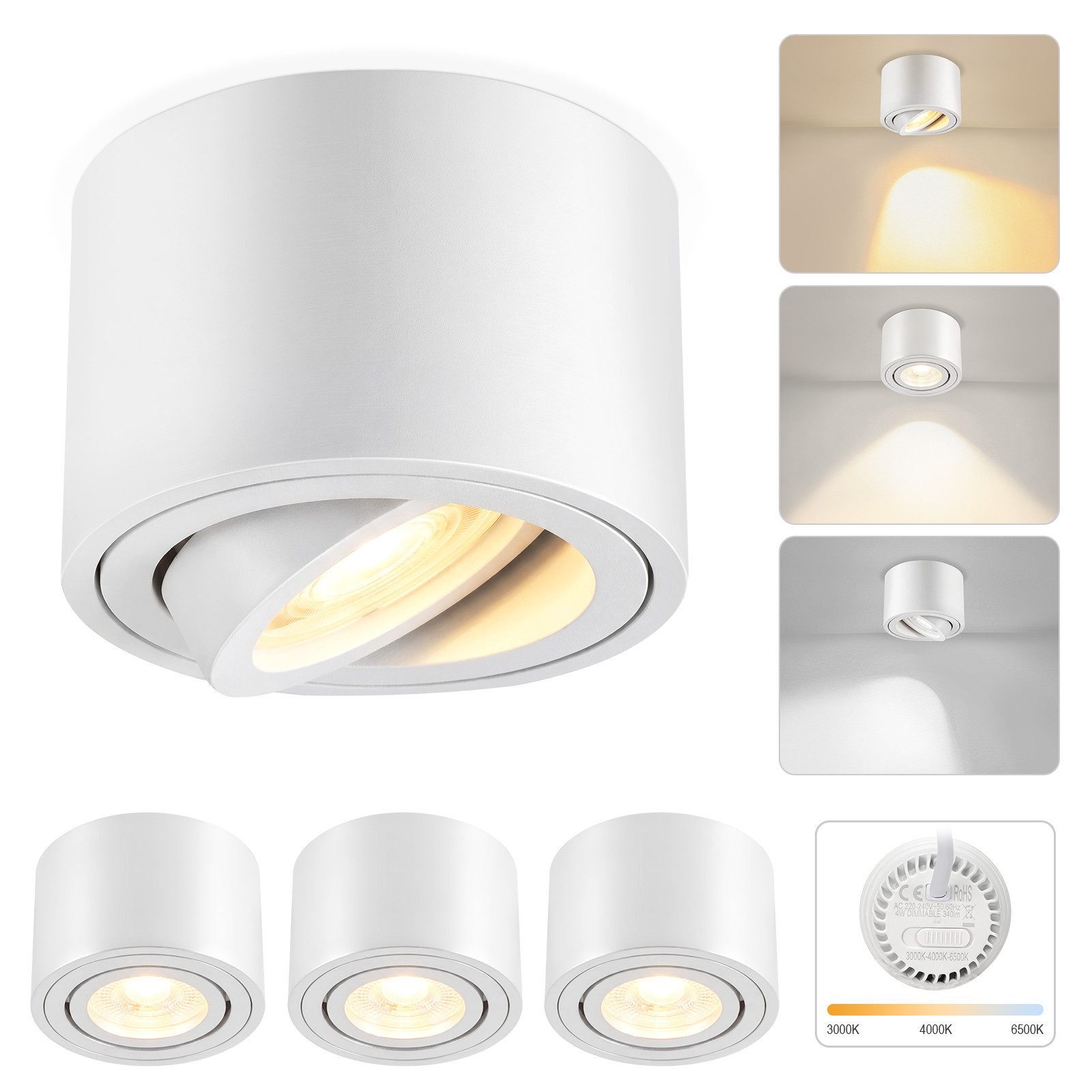 ZMH LED Einbaustrahler 4er-Set weiß 4W dimmbar schwenkbar Aufbauspot 3CCT Deckenspots, Schwenkbar, LED fest integriert, Aufputz-Deckenleuchte