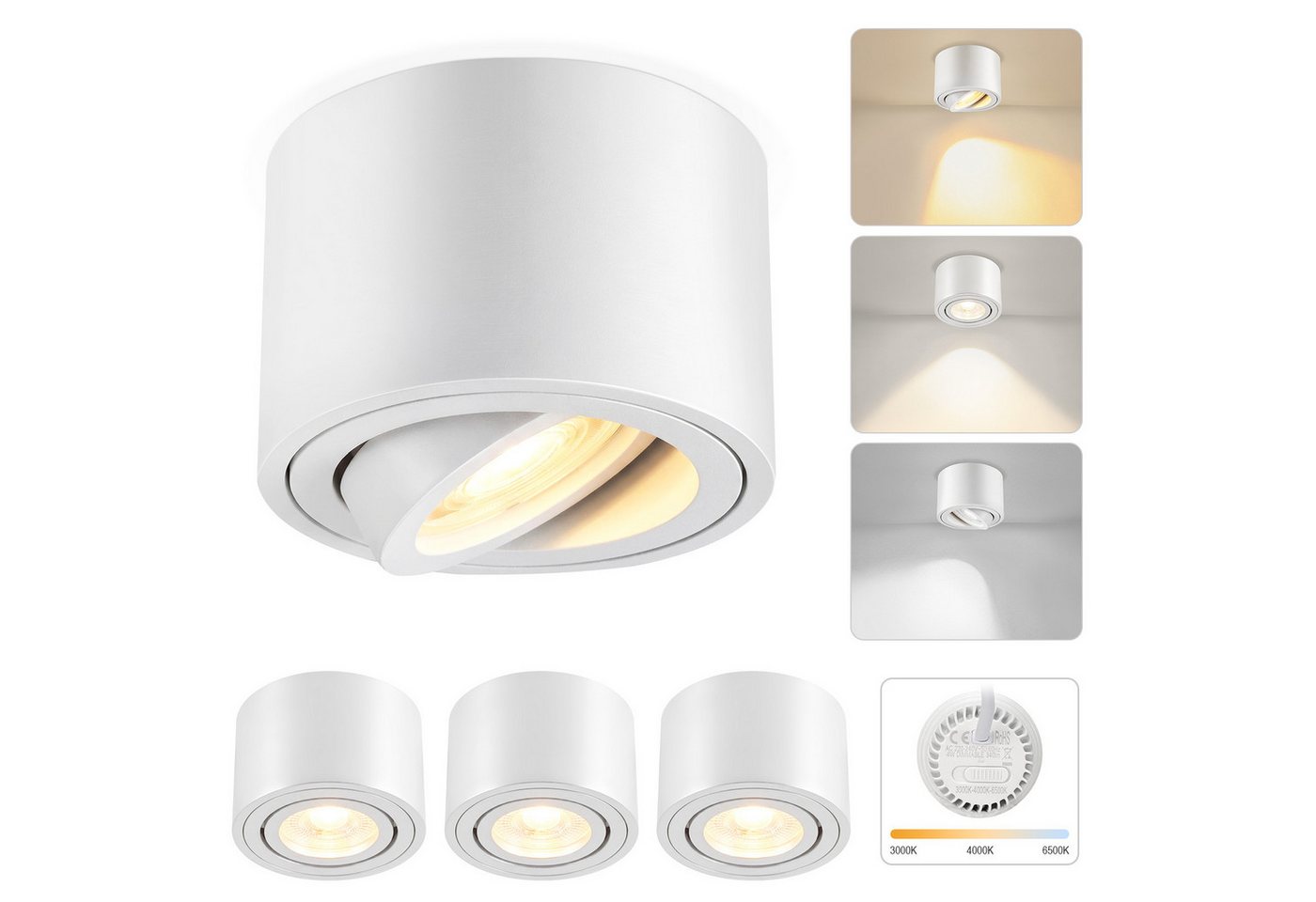 ZMH LED Einbaustrahler 4er-Set weiß 4W dimmbar schwenkbar Aufbauspot 3CCT Deckenspots, Schwenkbar, LED fest integriert, Aufputz-Deckenleuchte