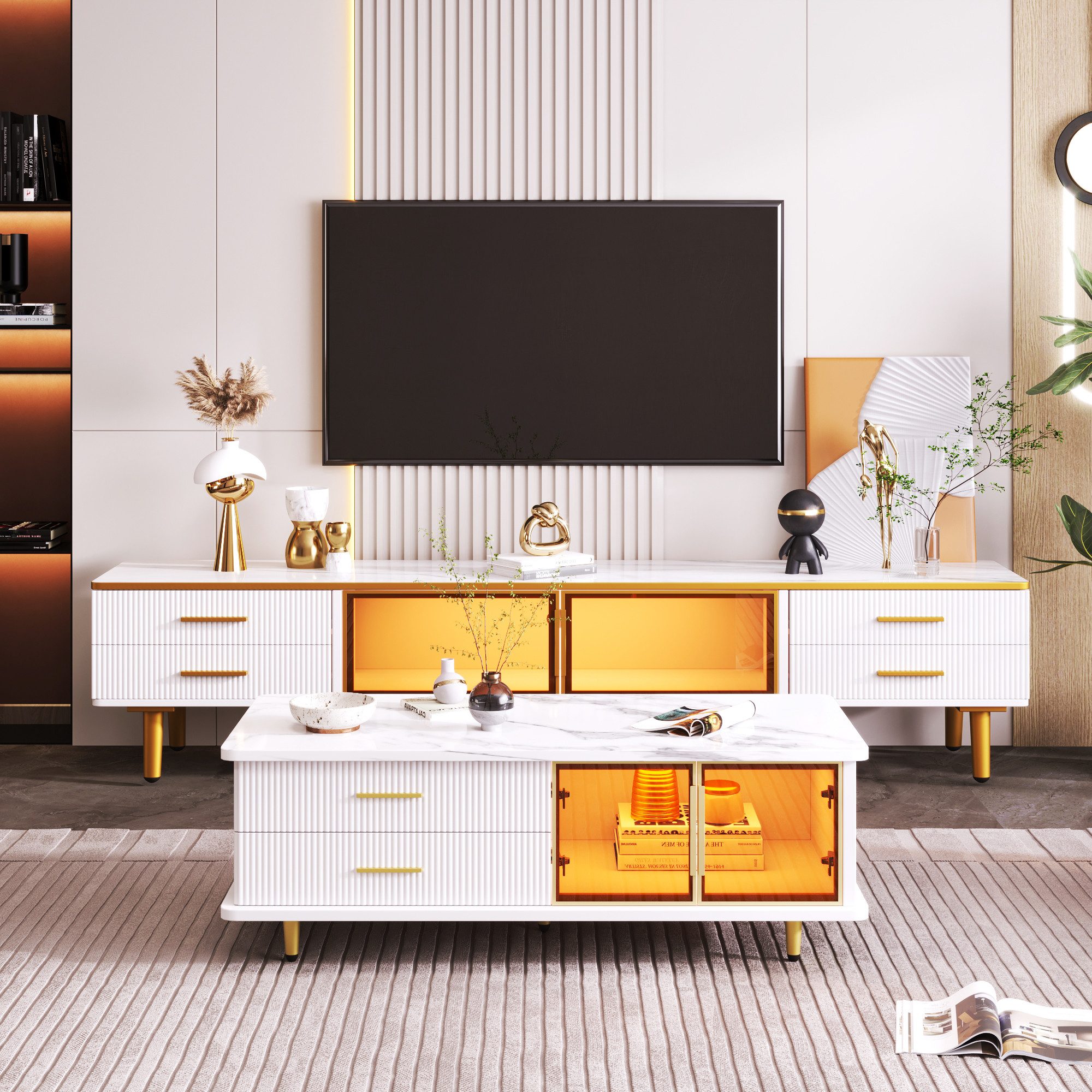 Odikalo Wohnzimmer-Set TV-Schrank Couchtisch modulare Tür gehärtetem Glas W günstig online kaufen