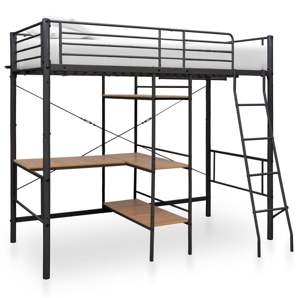 vidaXL Hochbett aus Metall in Grau /Braun (L/B/H: 210x97x186 cm)