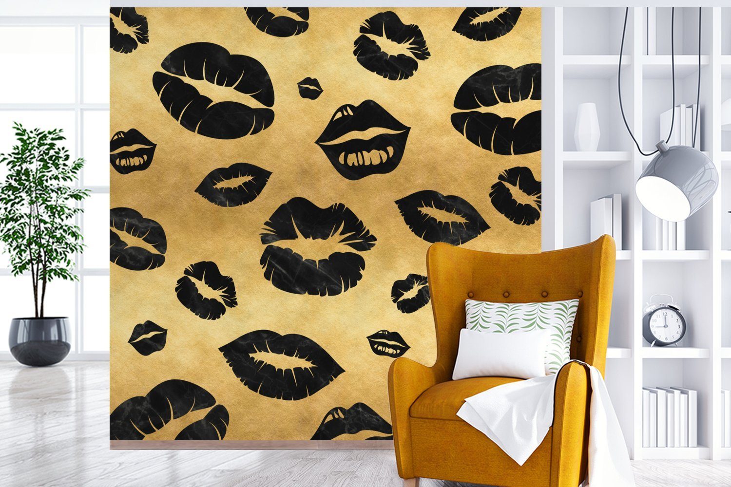 oder Gold Vinyl Muster Matt, - Schlafzimmer, Wohnzimmer Kuss für - bedruckt, (5 MuchoWow Tapete - Wandtapete St), Fototapete Schwarz,