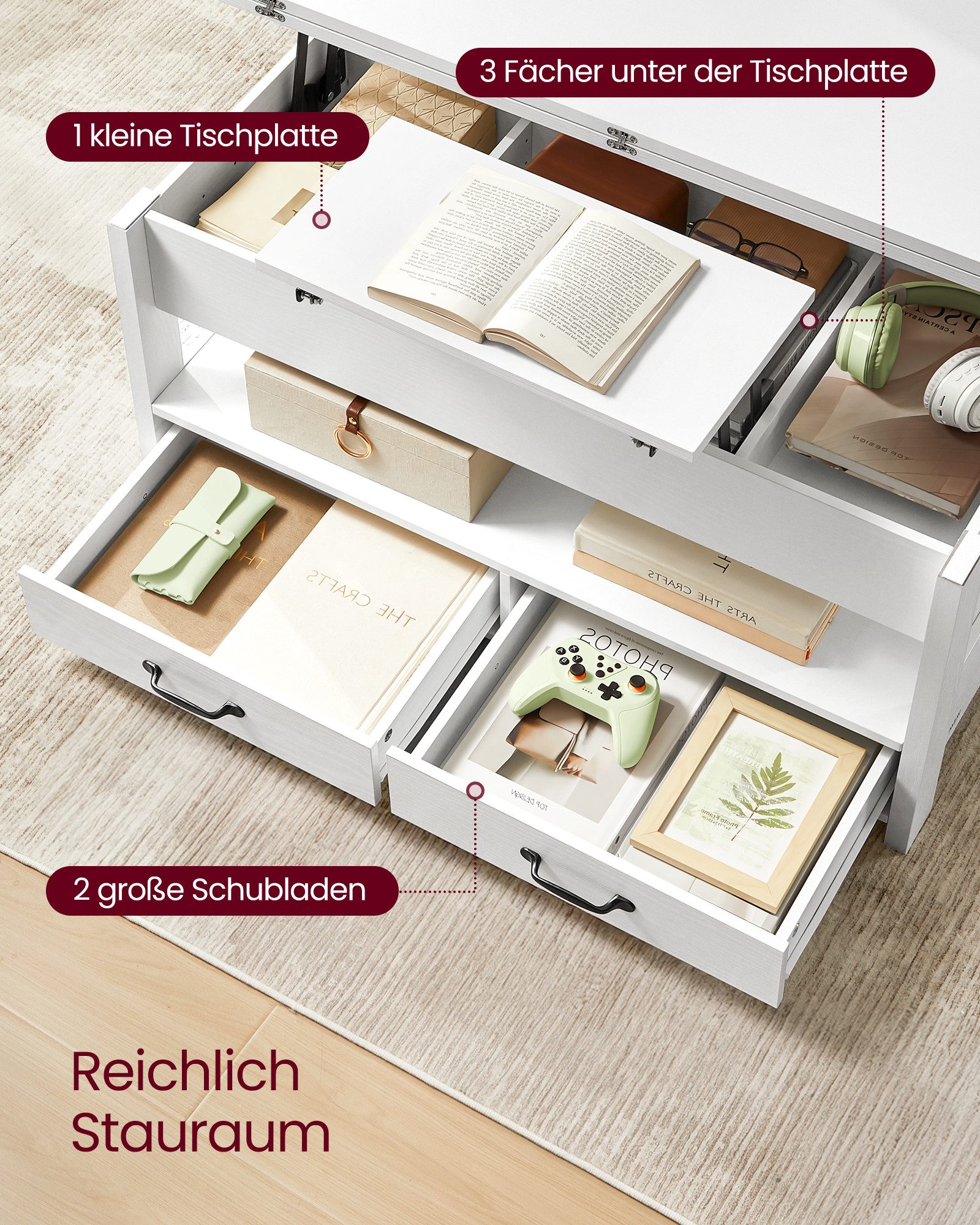 VASAGLE Couchtisch höhenverstellbar mit 2 hochklappbaren Tischplatten, Stauraum (multifunktional, inkl. Zubehörpaket & Anleitung), 2 Schubladen und Ablage, Wohn – Bild 5 von 5